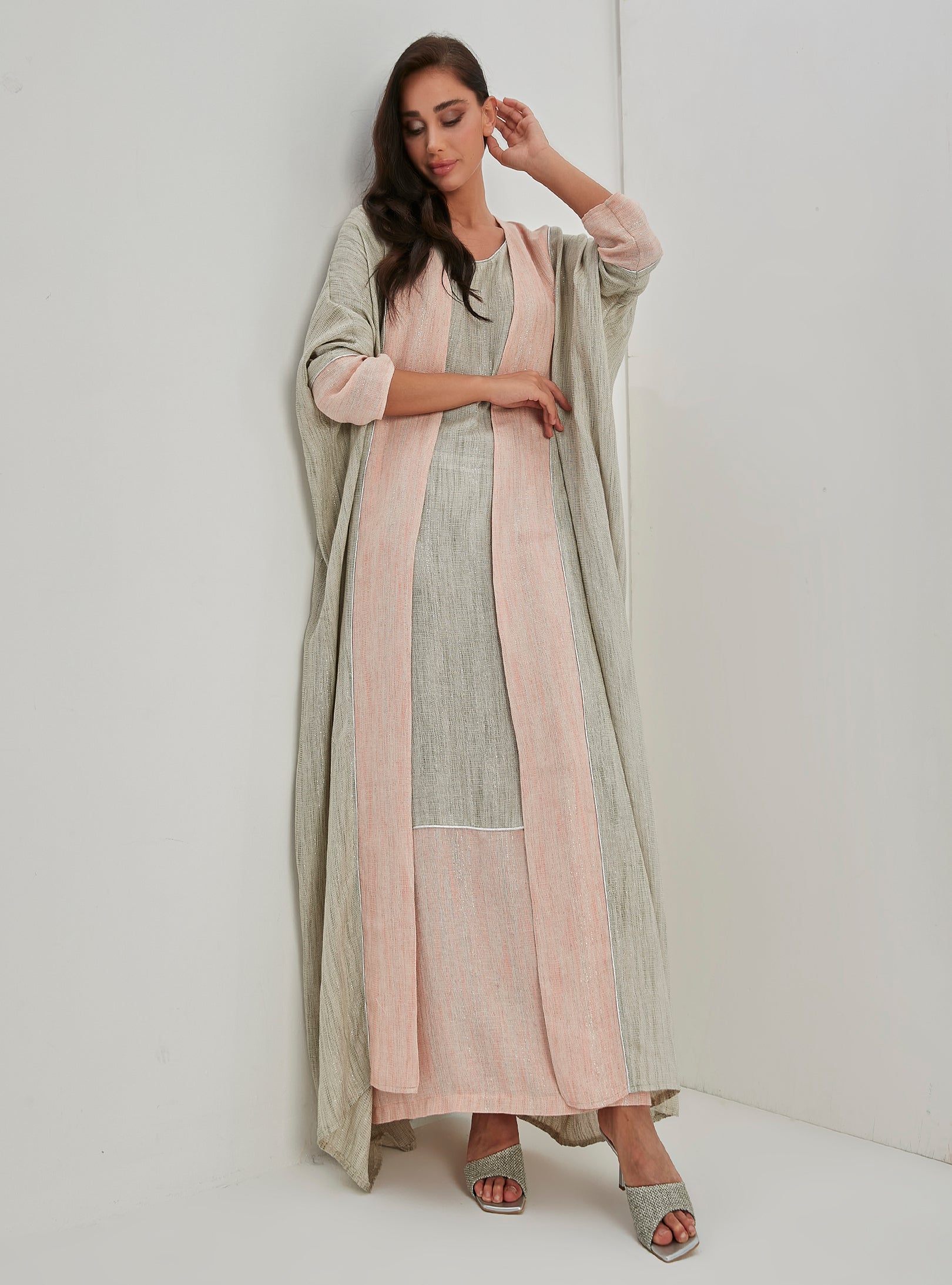Linen Cotton Silver Glitter Three Pice Abaya Set - Store WF