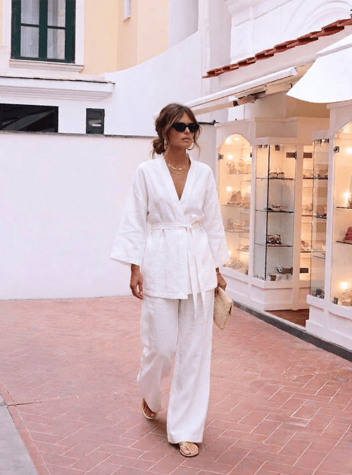 100% Washed Linen White Kimono & Trouser Set - Store WF
