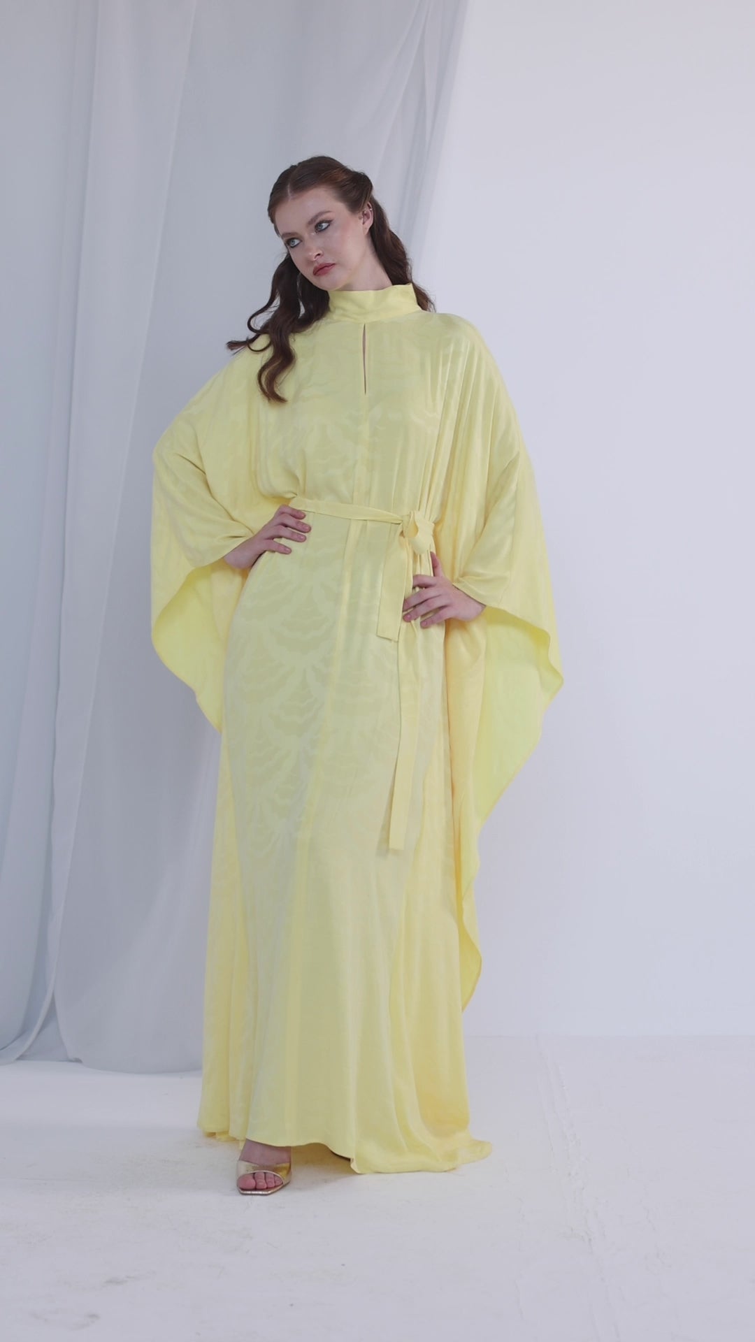 Yellow Jaquard Belted Kaftan Dress