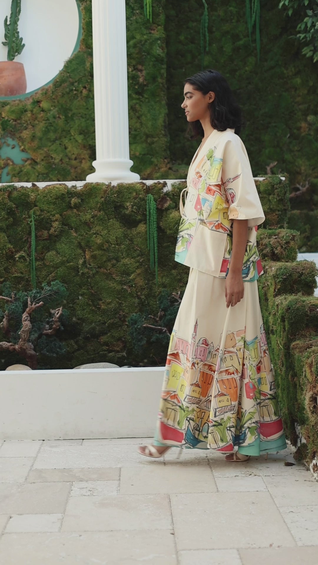 Şehir Desenli Pamuklu Poplin Ceket ve Etek Takımı