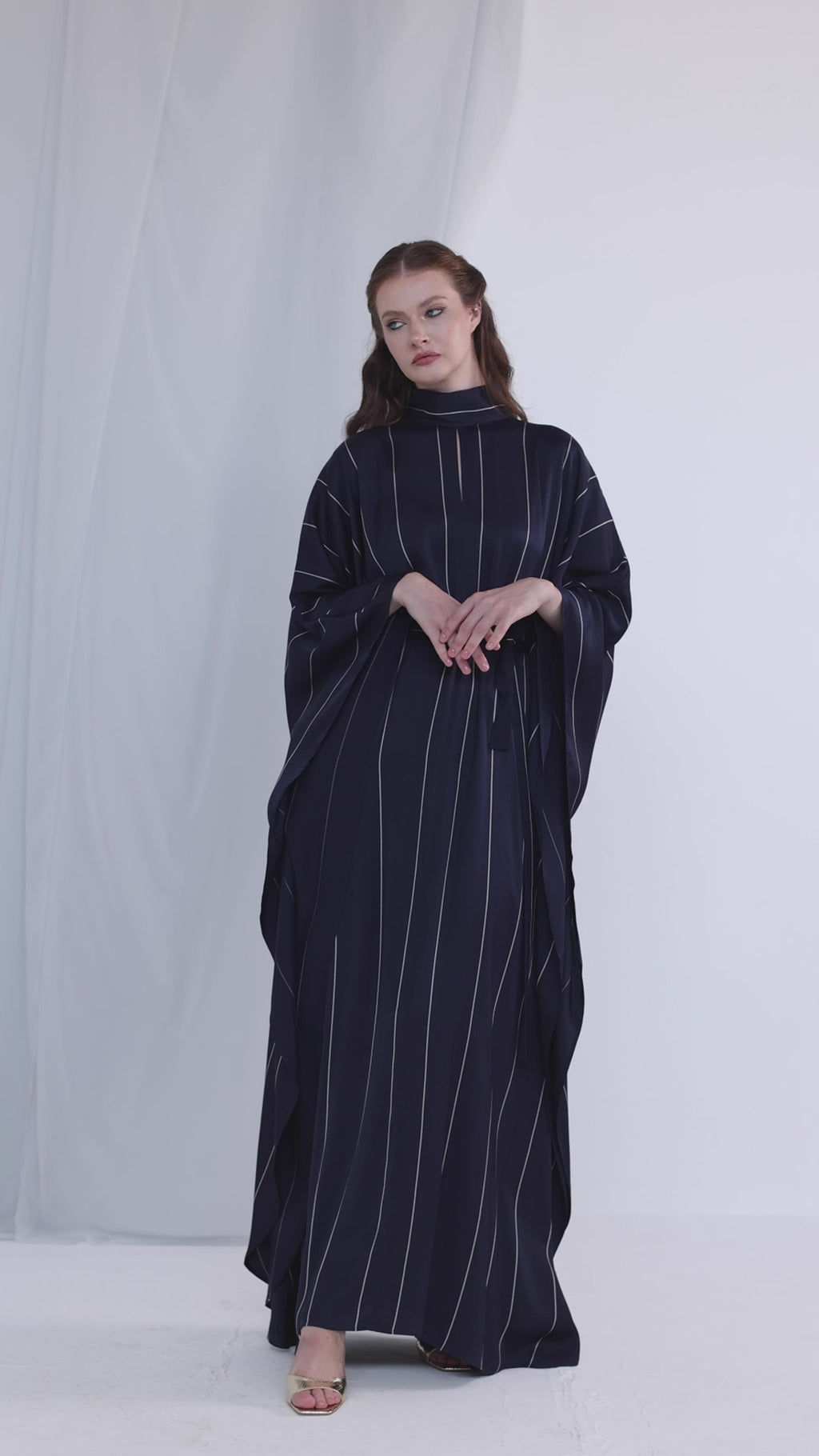 Lacivert Çizgili Kemerli Kaftan Elbise