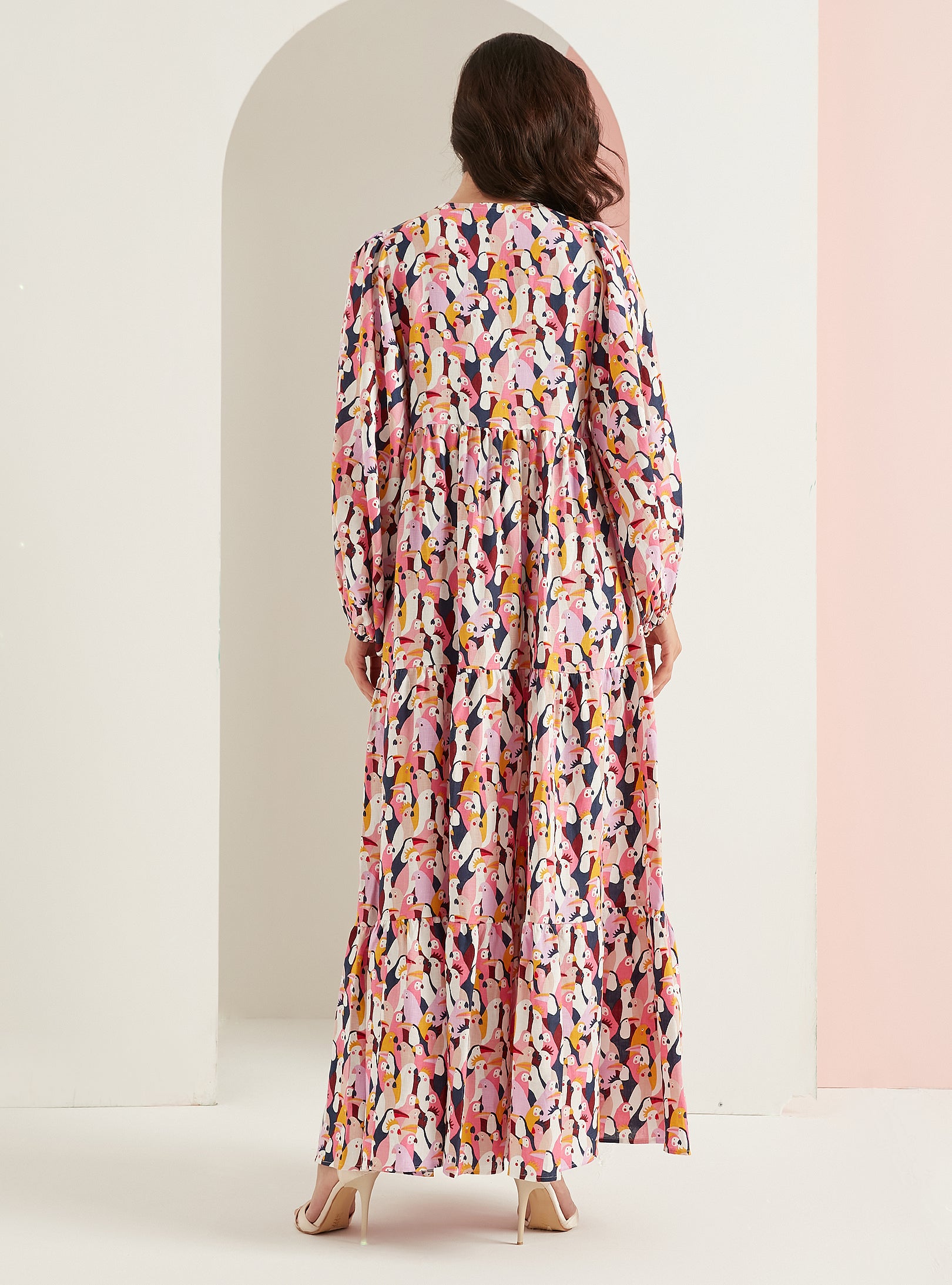 Papağan Desenli Keten V Yaka Maksi Elbise - WF Atelier