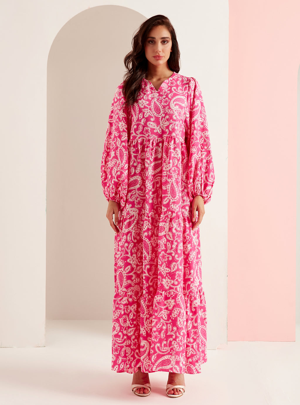 Pink Print Washed Linen V-Neck Maxi Dress - WF Atelier - Store WF