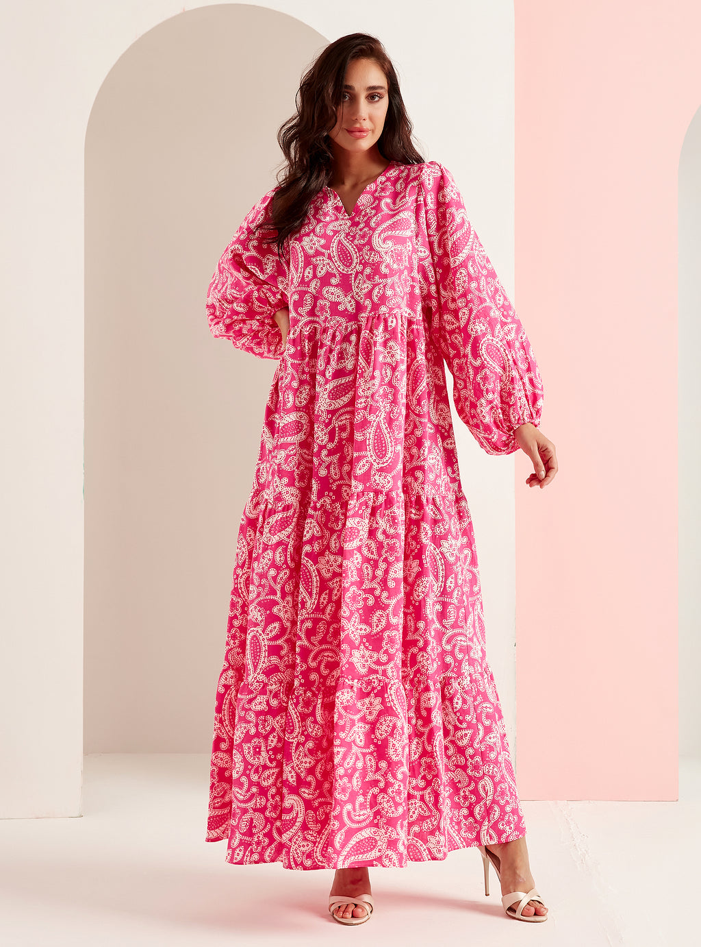 Pink Print Washed Linen V-Neck Maxi Dress - WF Atelier - Store WF