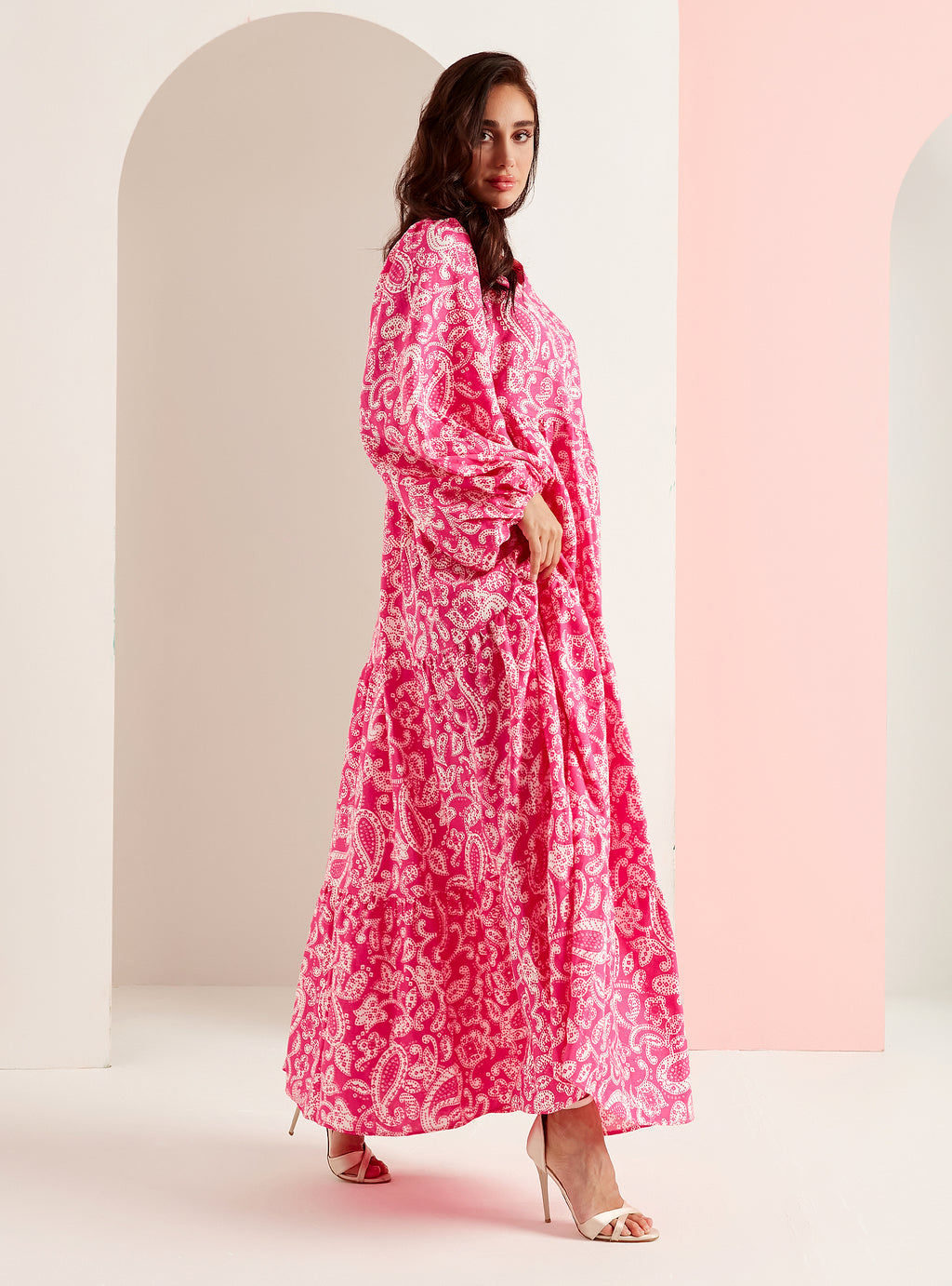 Pink Print Washed Linen V-Neck Maxi Dress - WF Atelier - Store WF