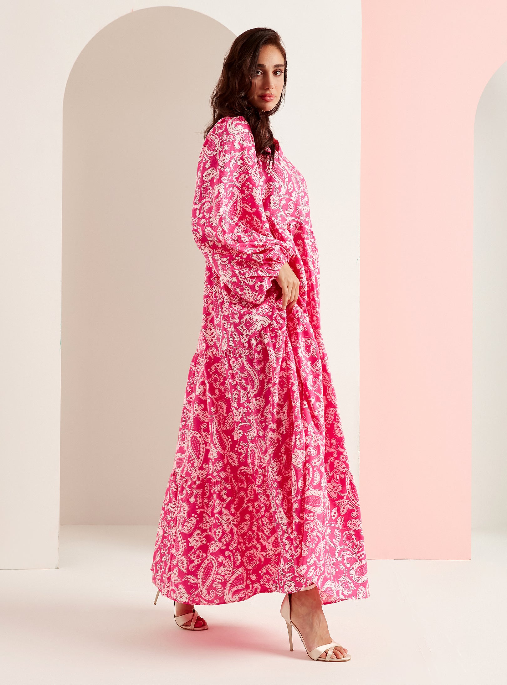 Pembe Baskılı Yıkanmış Keten V Yaka Maksi Elbise - WF Atelier