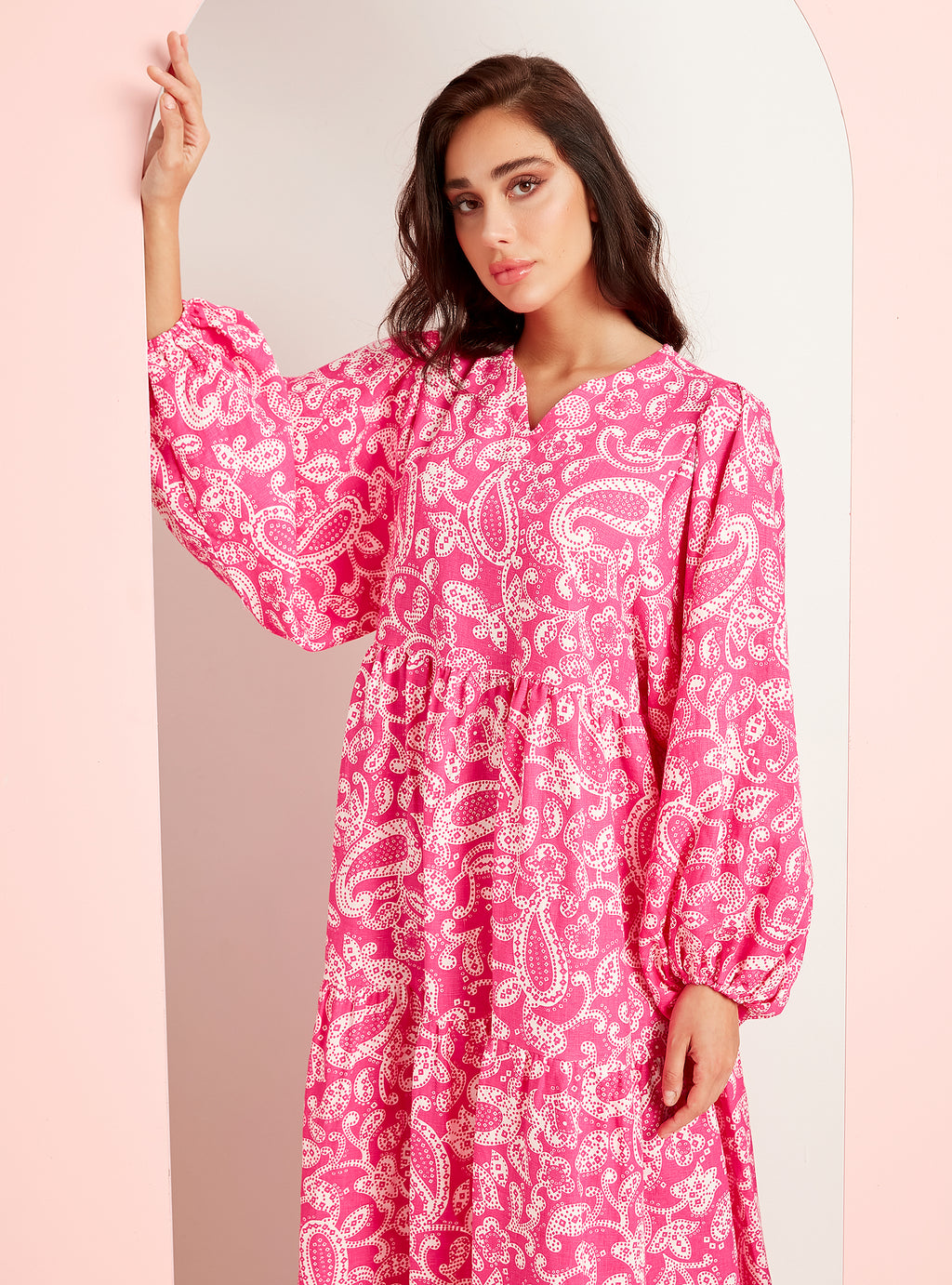 Pink Print Washed Linen V-Neck Maxi Dress - WF Atelier - Store WF