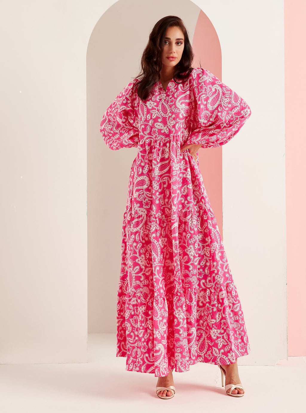 Pink Print Washed Linen V-Neck Maxi Dress - WF Atelier - Store WF