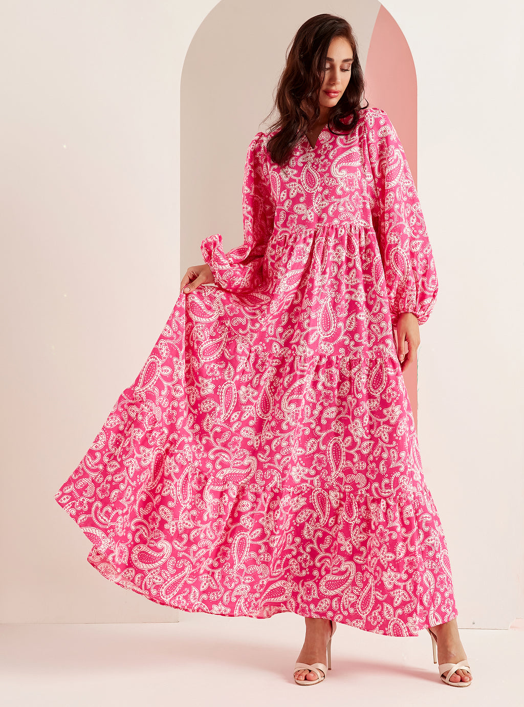 Pink Print Washed Linen V-Neck Maxi Dress - WF Atelier - Store WF