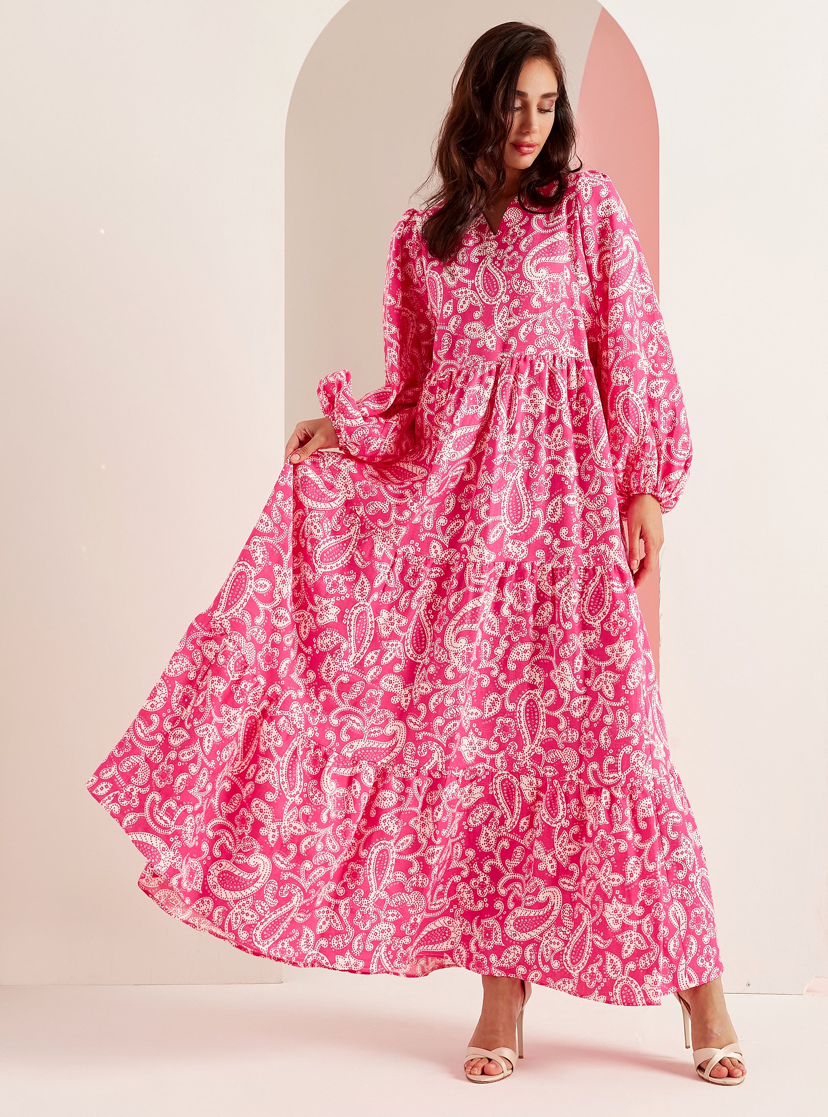 Pembe Baskılı Yıkanmış Keten V Yaka Maksi Elbise - WF Atelier