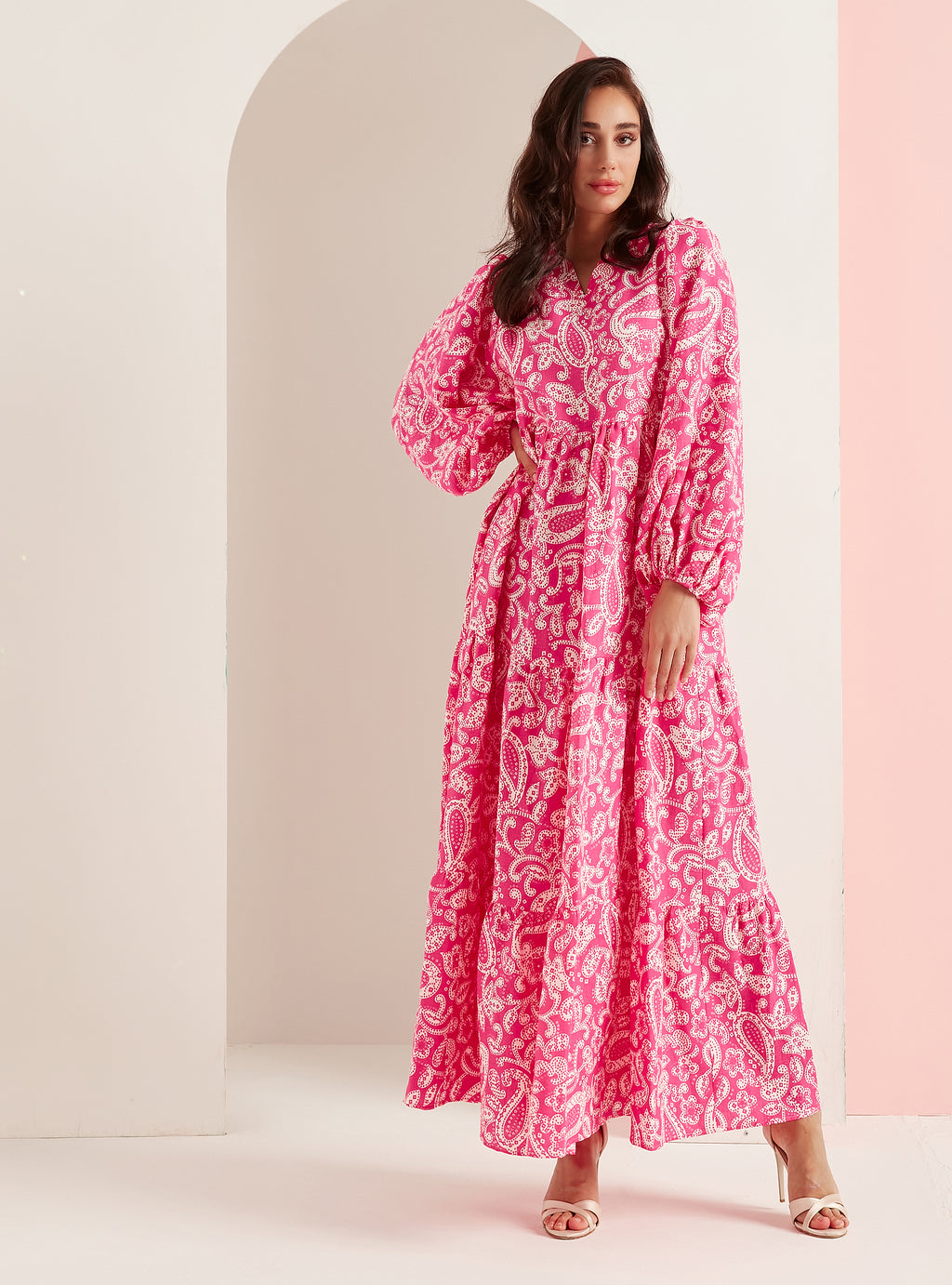 Pink Print Washed Linen V-Neck Maxi Dress - WF Atelier - Store WF