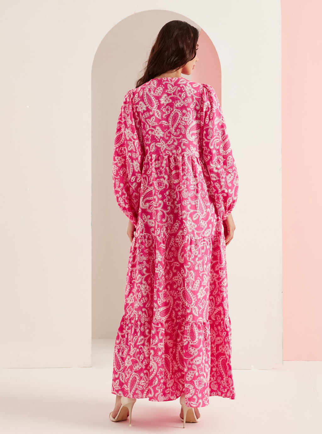 Pink Print Washed Linen V-Neck Maxi Dress - WF Atelier - Store WF