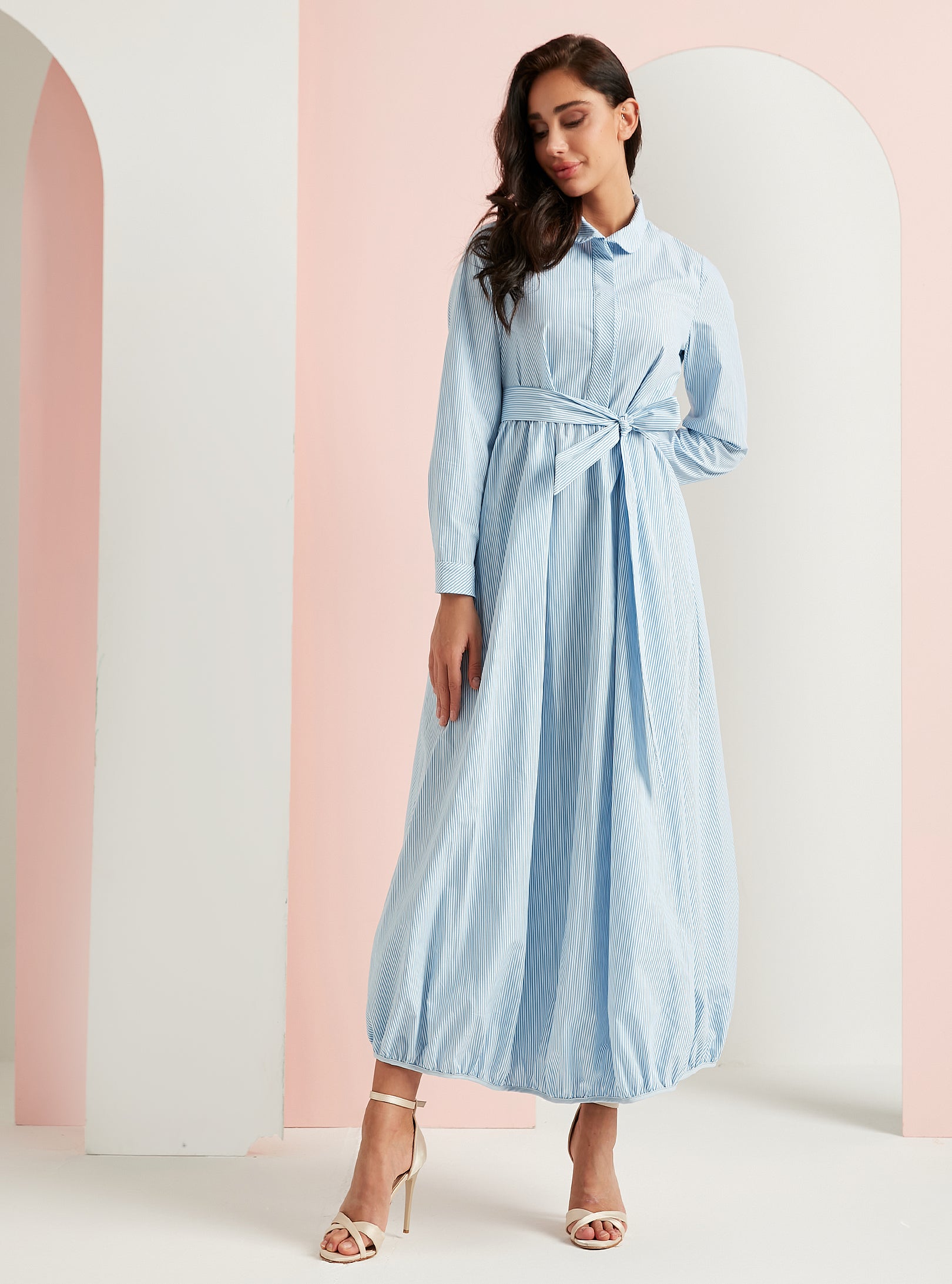 Cotton Blue Stripe Belted Maxi Dress - Store WF