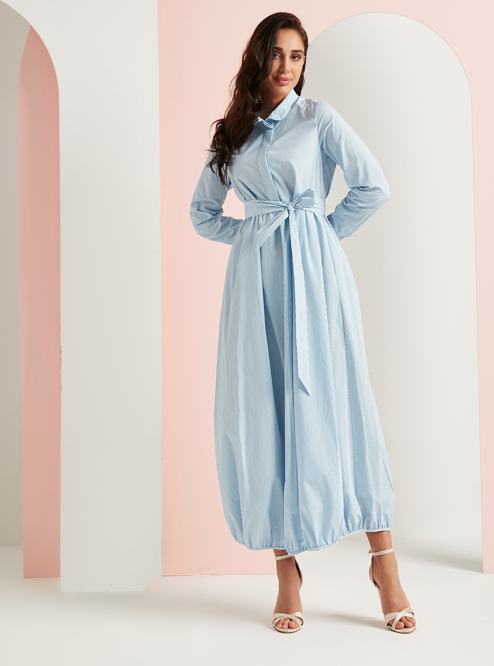 Cotton Blue Stripe Belted Maxi Dress - Store WF