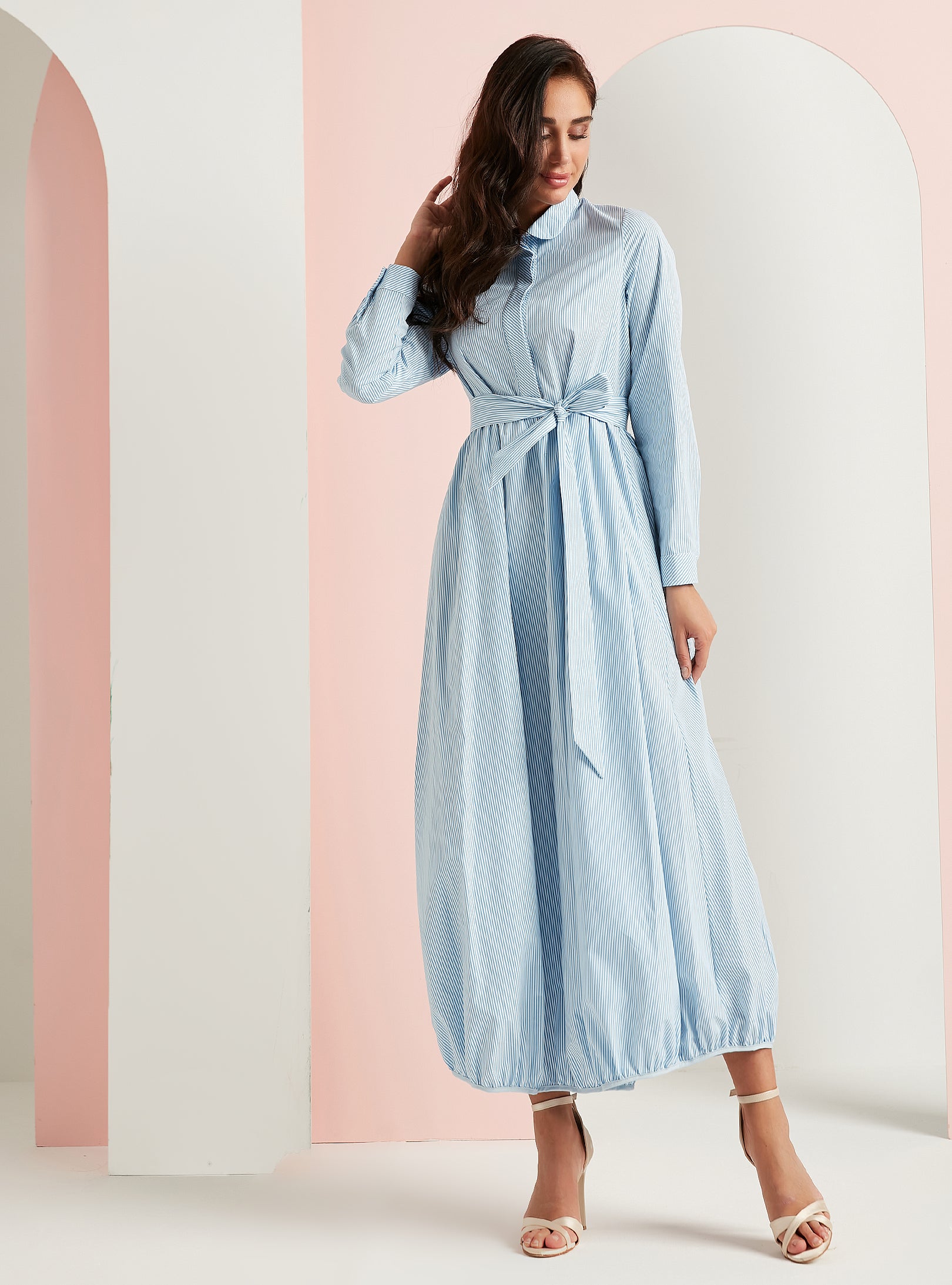 Cotton Blue Stripe Belted Maxi Dress - Store WF