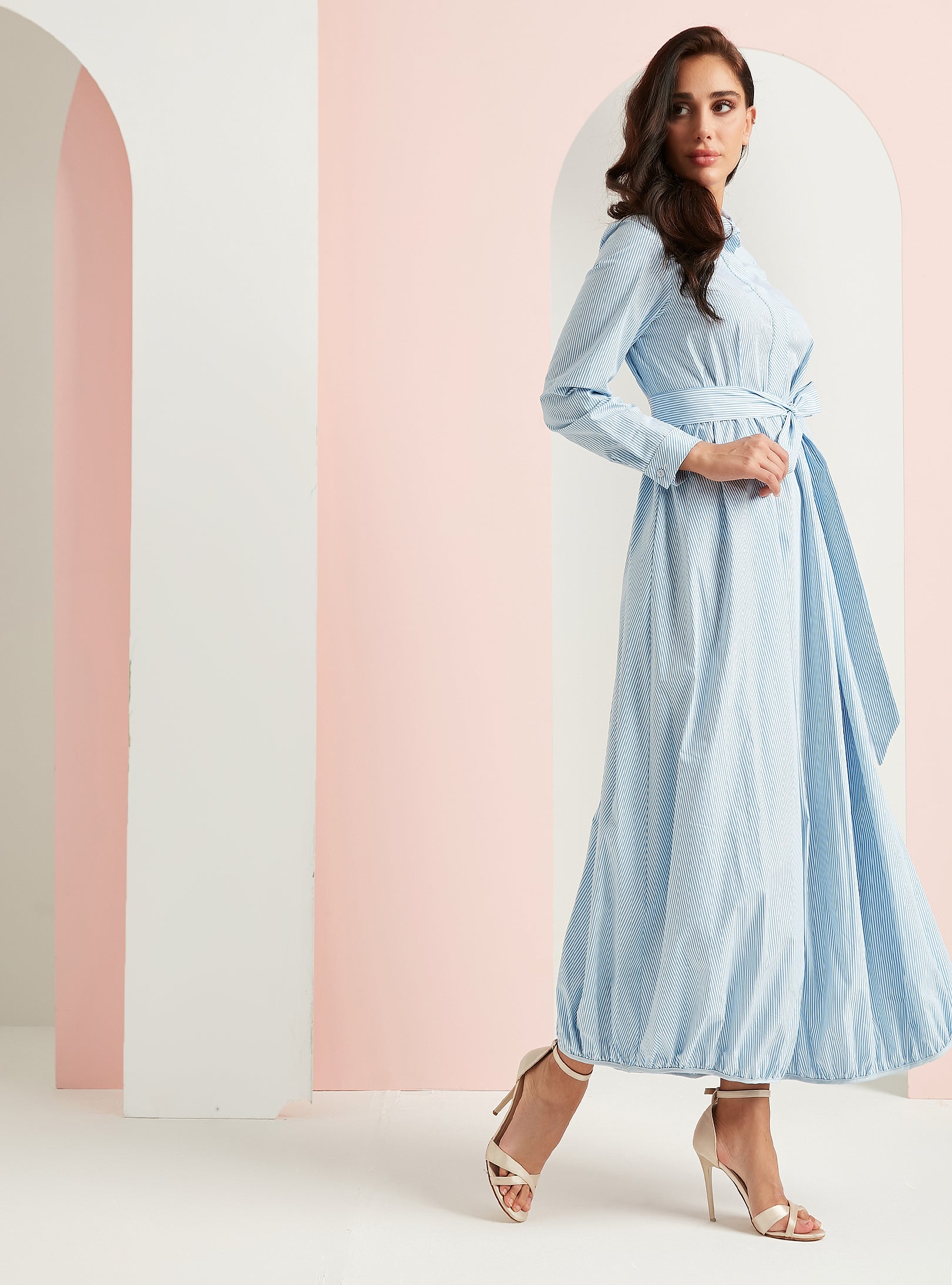 Cotton Blue Stripe Belted Maxi Dress - Store WF