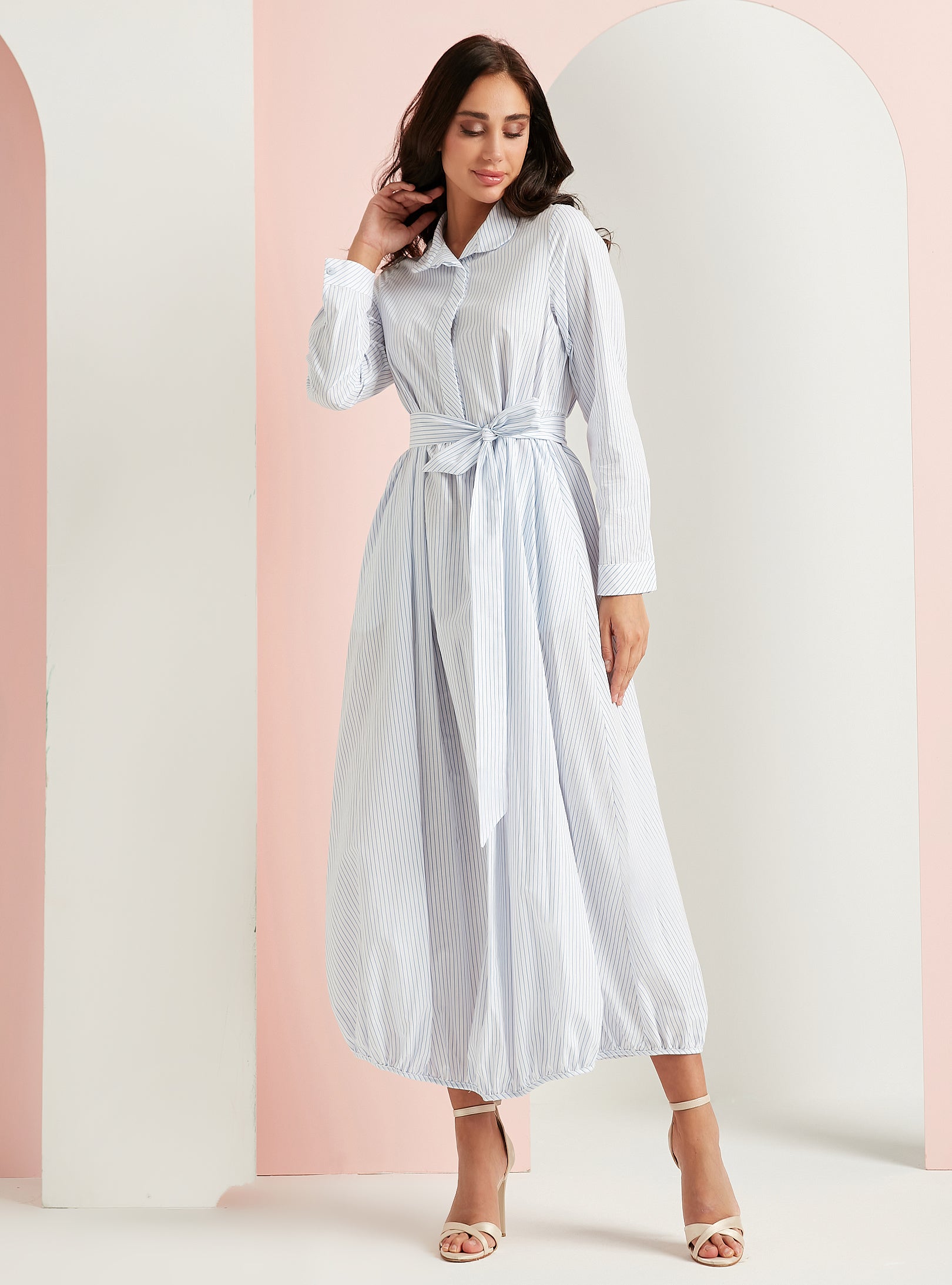Cotton White Stripe Belted Maxi Dress - Store WF