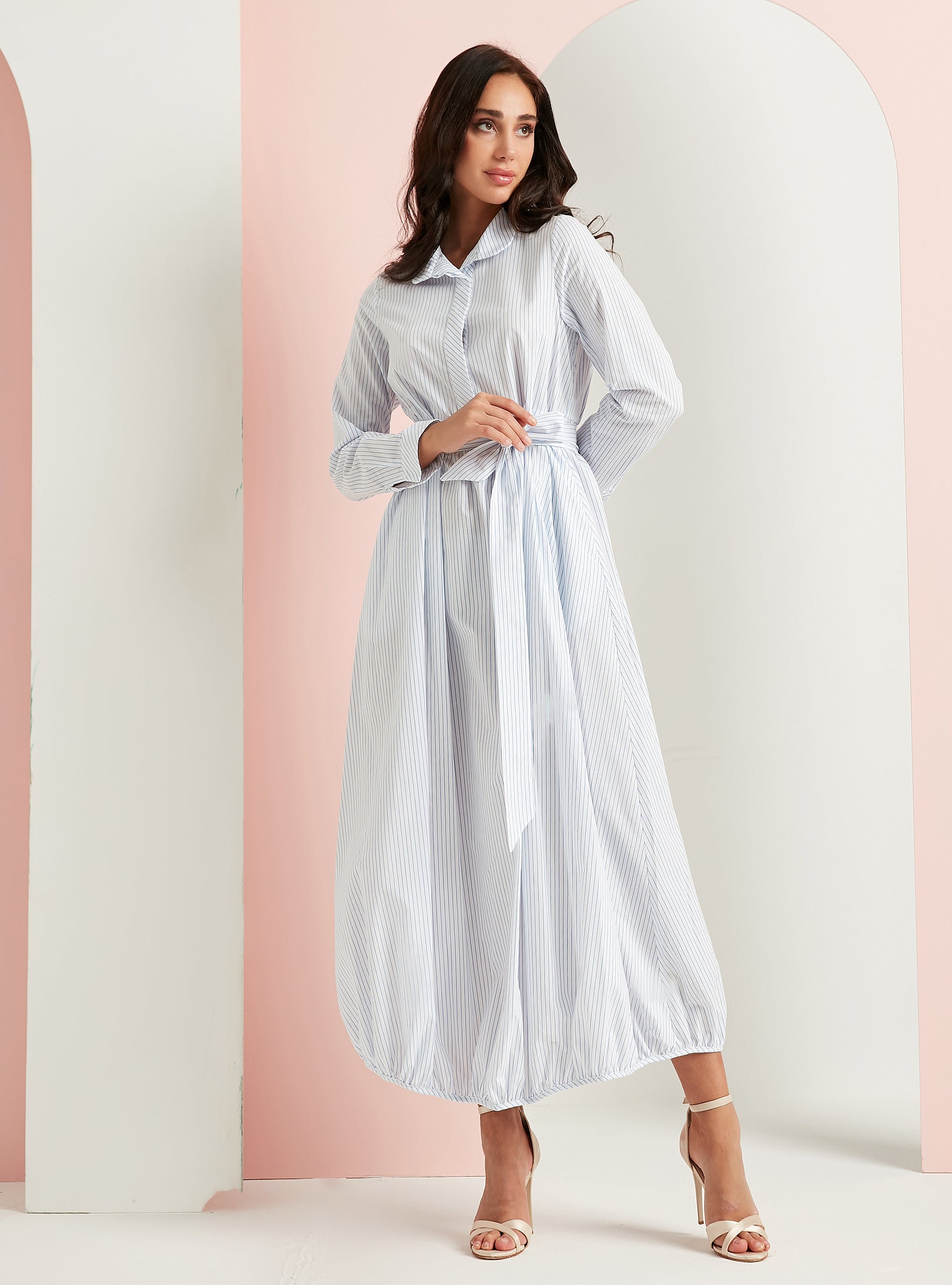 Cotton White Stripe Belted Maxi Dress - Store WF