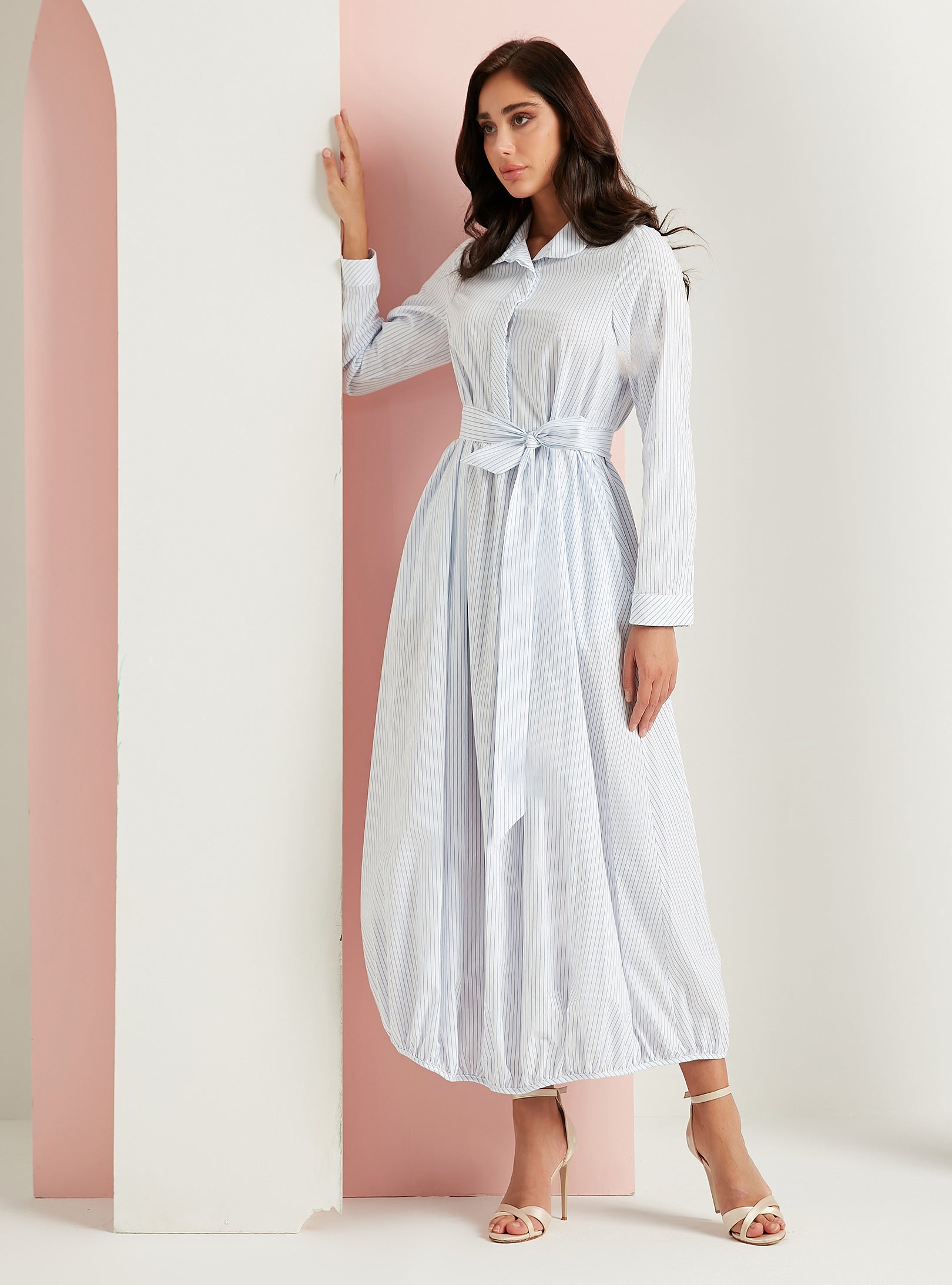 Cotton White Stripe Belted Maxi Dress - Store WF