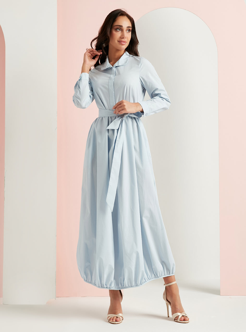 Cotton Blue Belted Maxi Dress With Pocket - Store WF