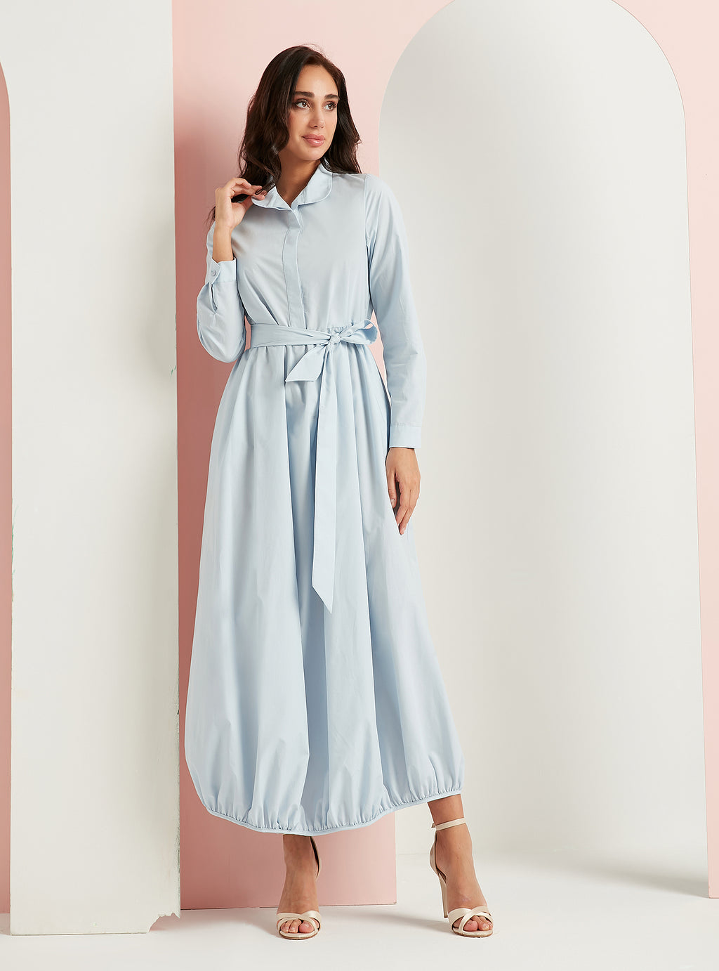 Cotton Blue Belted Maxi Dress With Pocket - Store WF