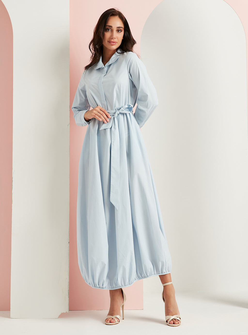 Cotton Blue Belted Maxi Dress With Pocket - Store WF