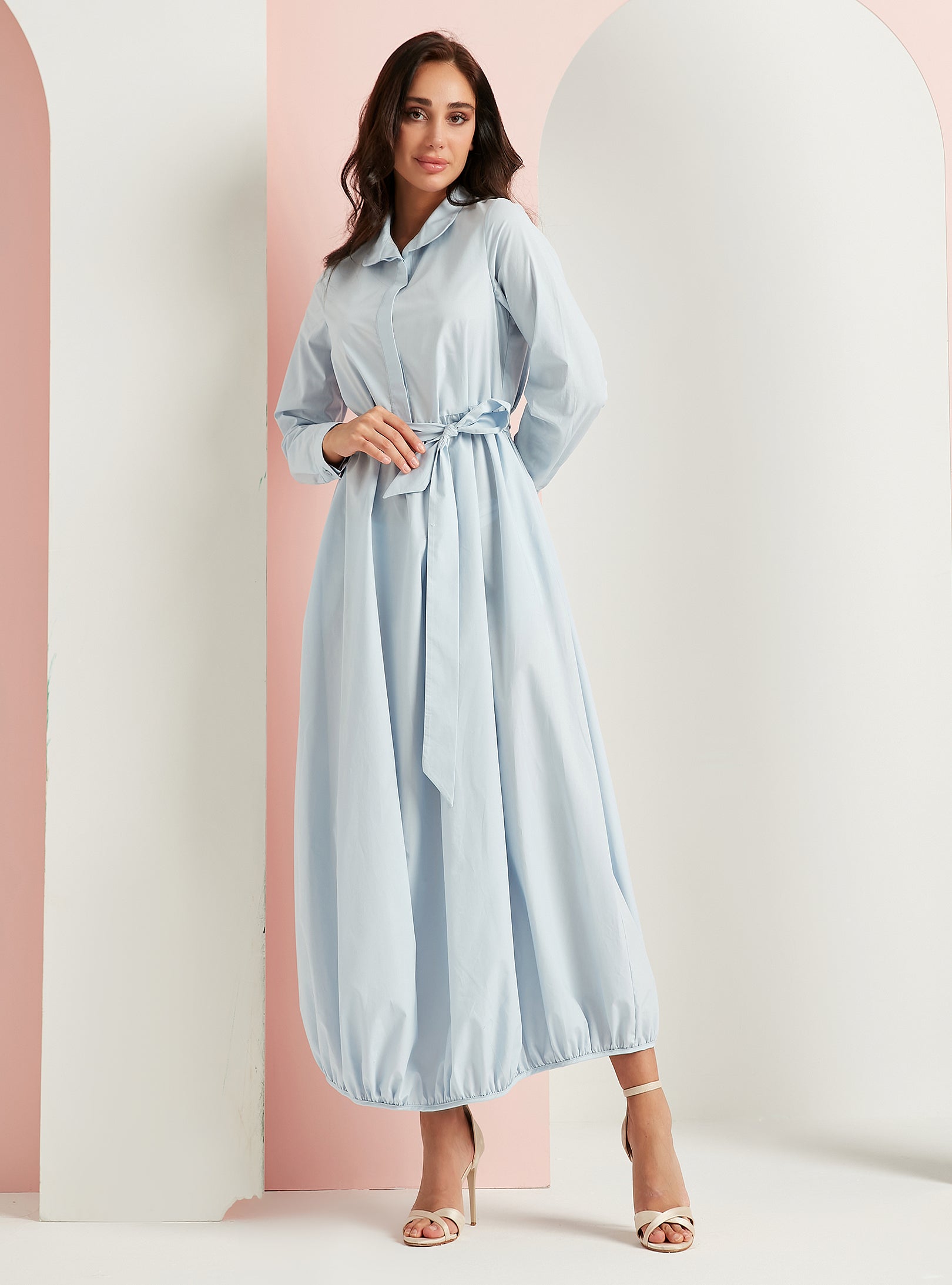 Cotton Blue Belted Maxi Dress With Pocket - Store WF
