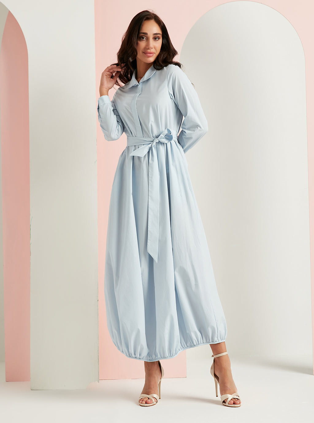Cotton Blue Belted Maxi Dress With Pocket - Store WF