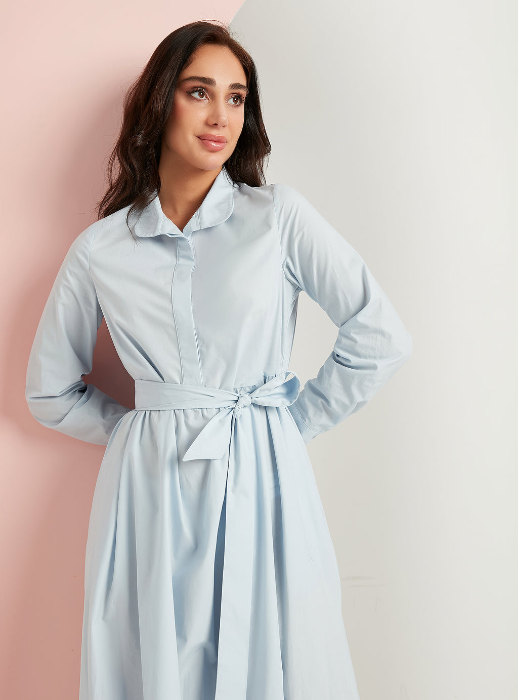 Cotton Blue Belted Maxi Dress With Pocket - Store WF