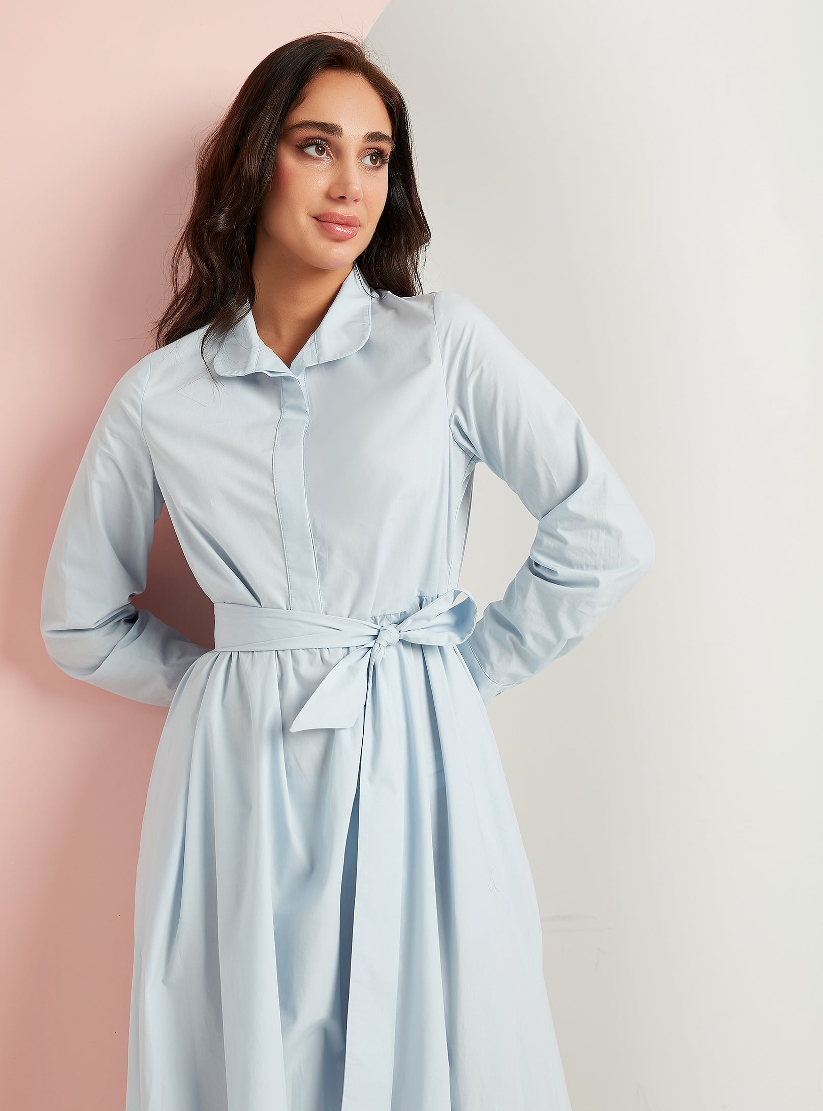 Cotton Blue Belted Maxi Dress With Pocket - Store WF