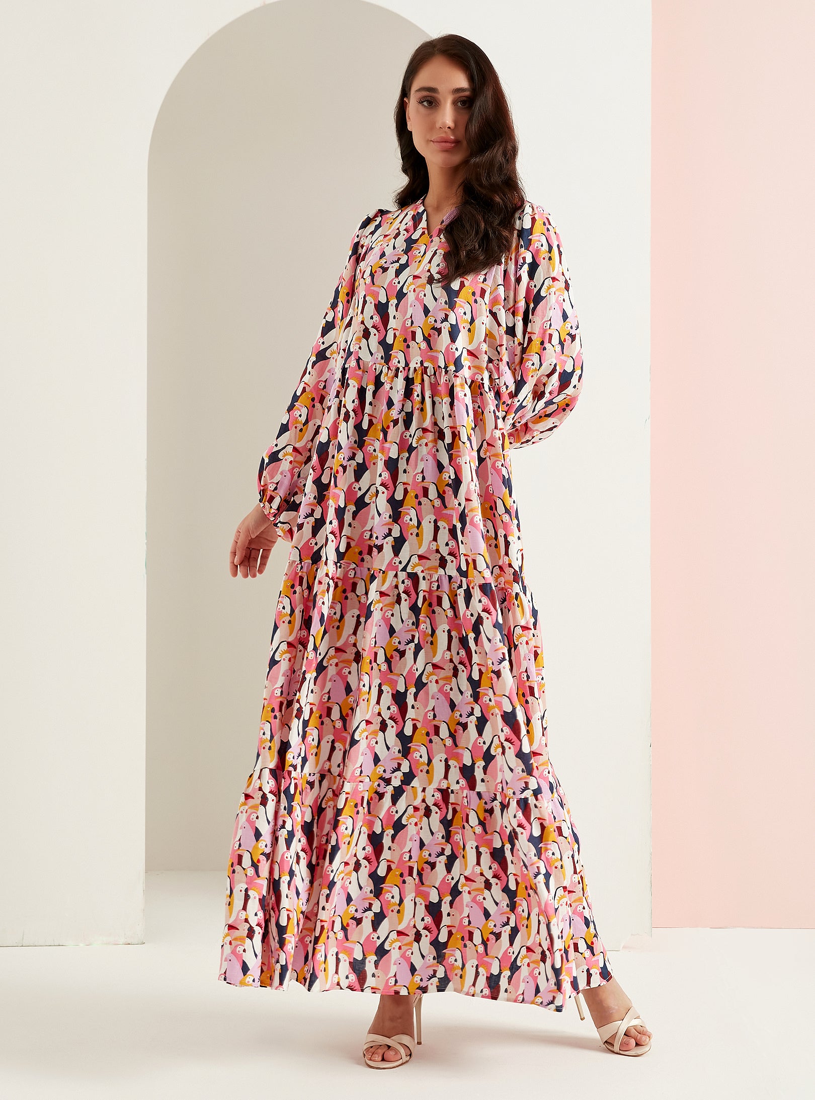 Papağan Desenli Keten V Yaka Maksi Elbise - WF Atelier