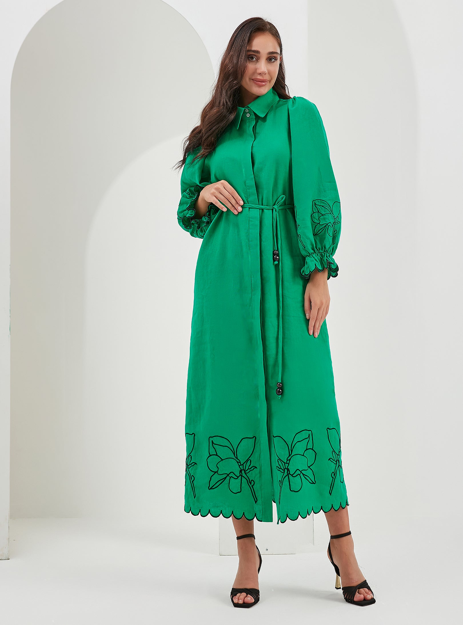 100% Washed Linen Green Embroidery Belted Maxi Dress - Store WF