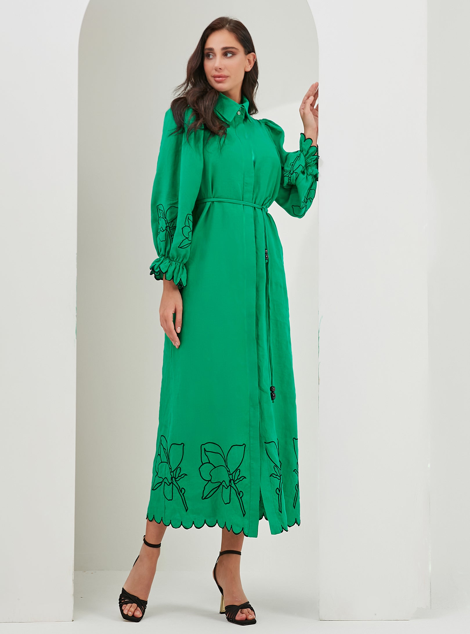 100% Washed Linen Green Embroidery Belted Maxi Dress - Store WF