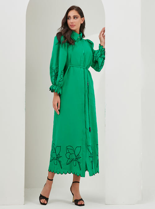 100% Washed Linen Green Embroidery Belted Maxi Dress - Store WF