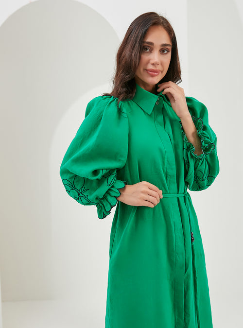 100% Washed Linen Green Embroidery Belted Maxi Dress - Store WF