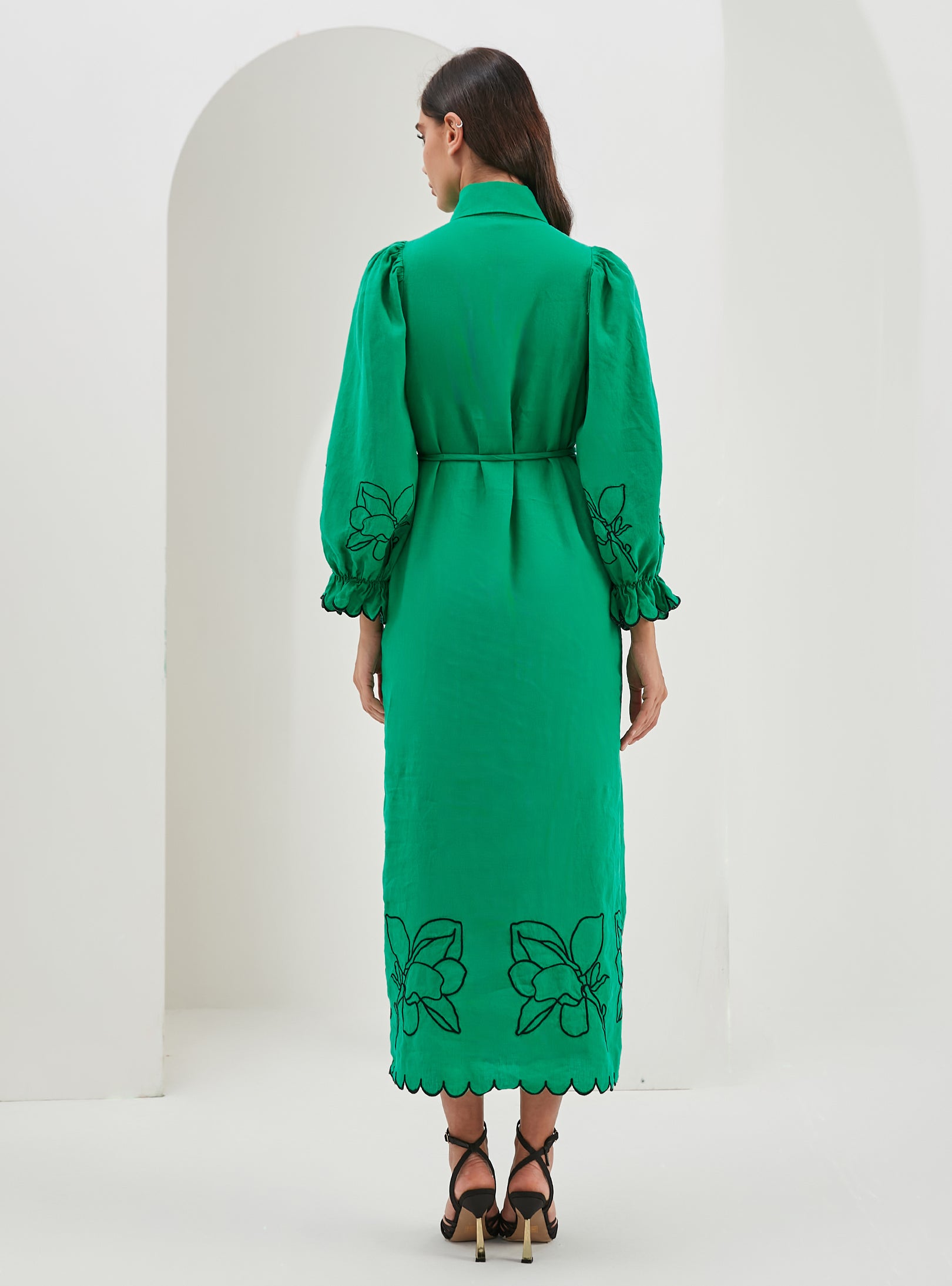 100% Washed Linen Green Embroidery Belted Maxi Dress - Store WF