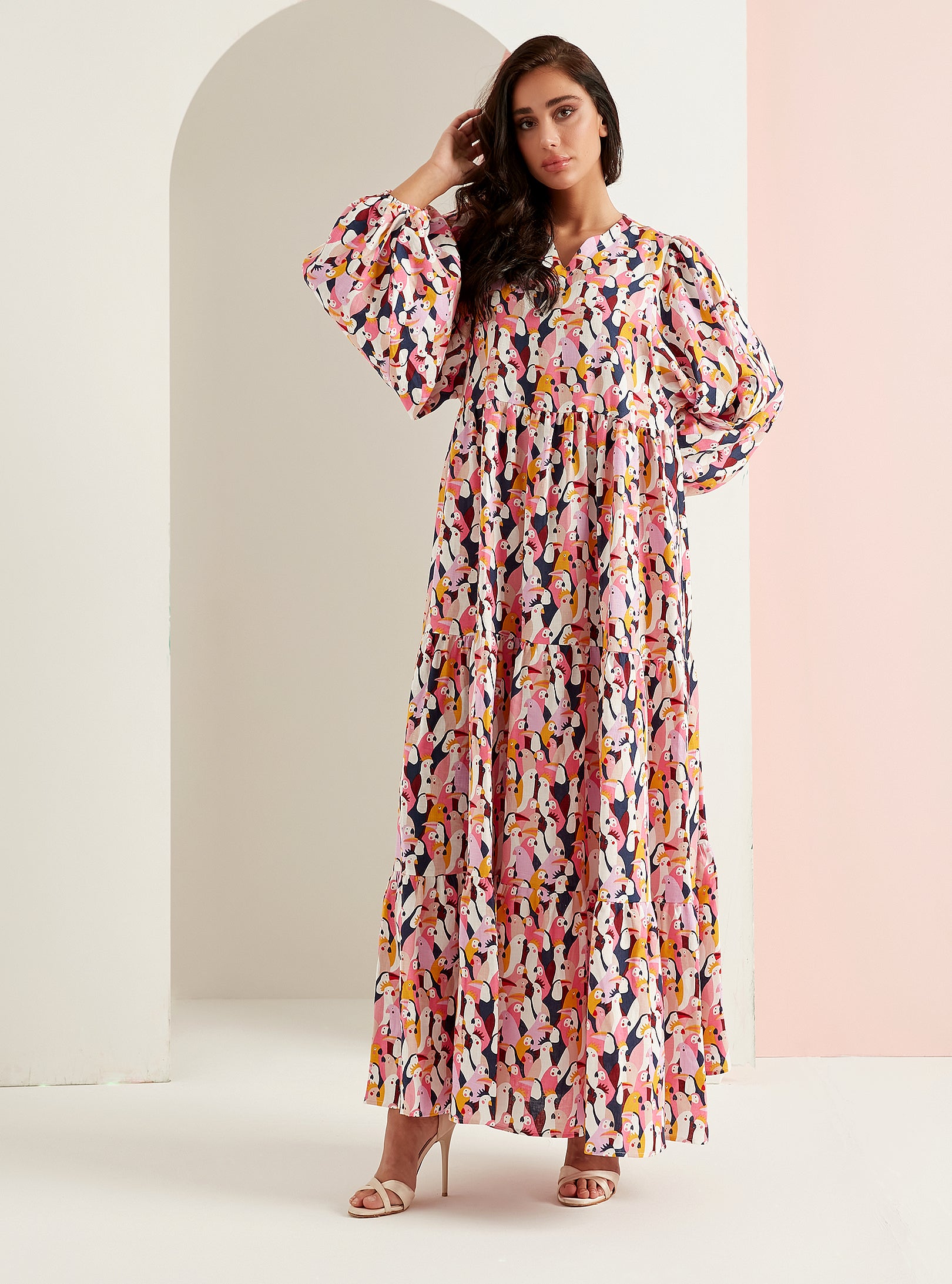 Papağan Desenli Keten V Yaka Maksi Elbise - WF Atelier