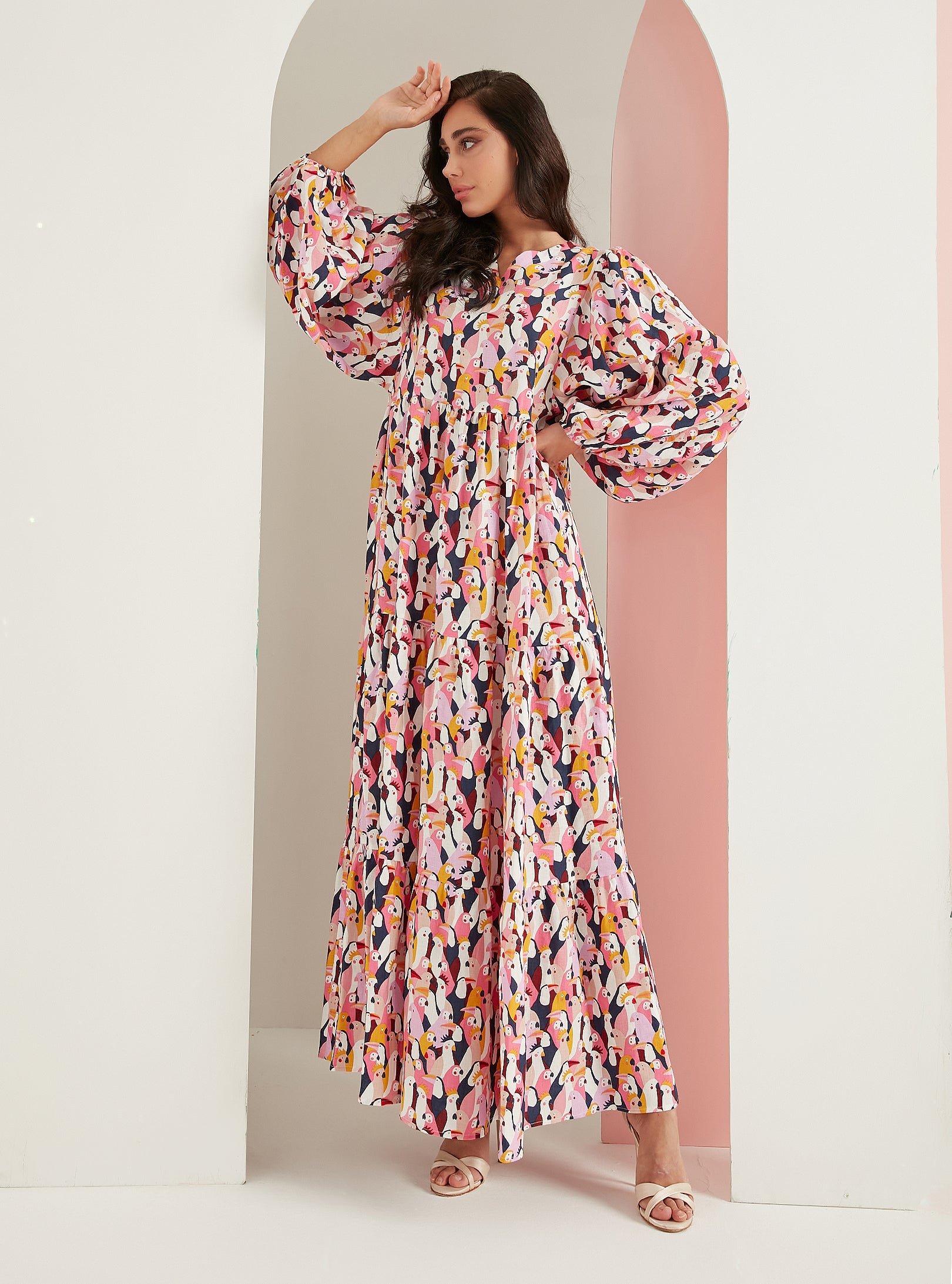 Papağan Desenli Keten V Yaka Maksi Elbise - WF Atelier