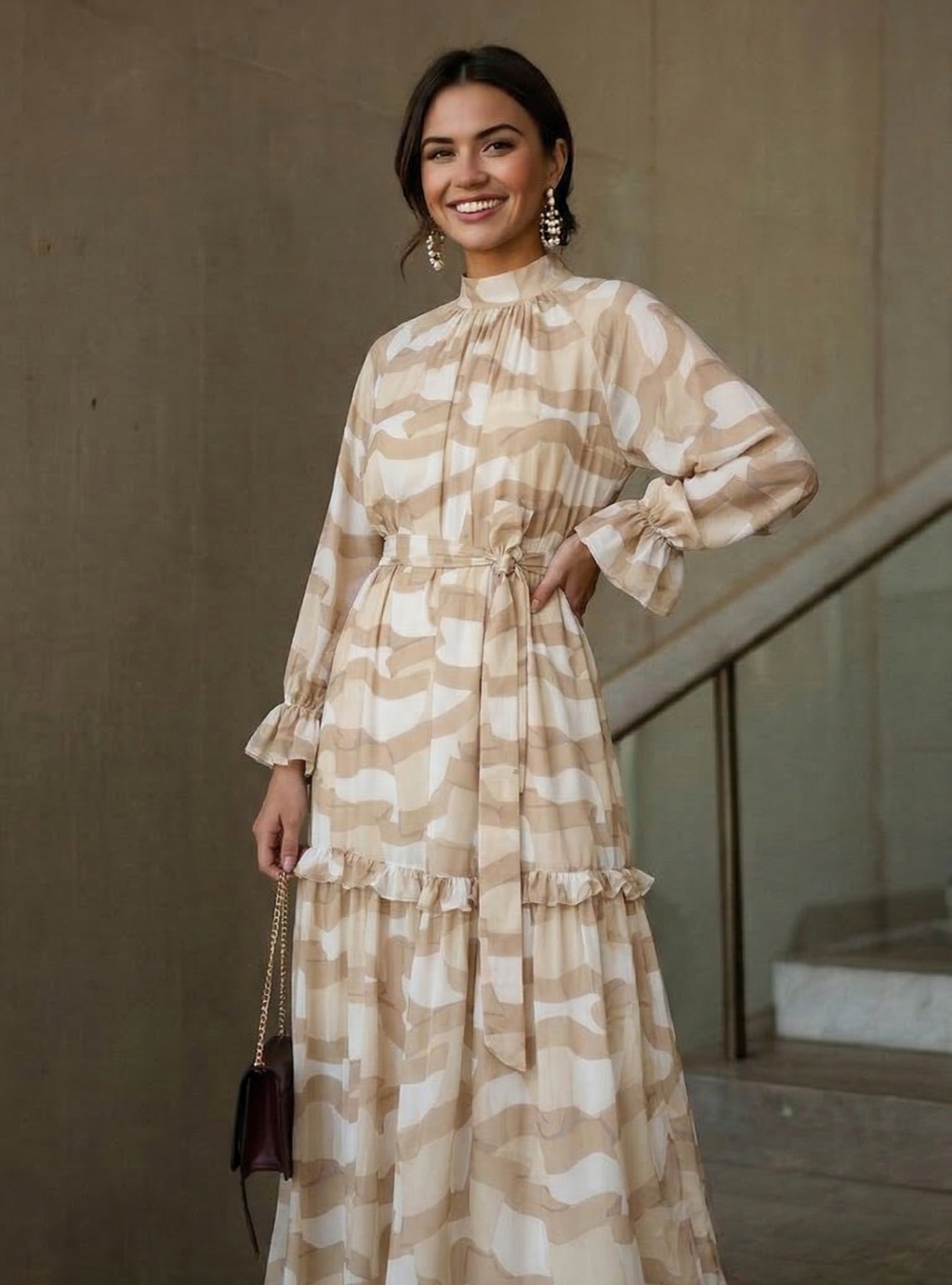 Cream Beige Printed Maxi Dress - Store WF