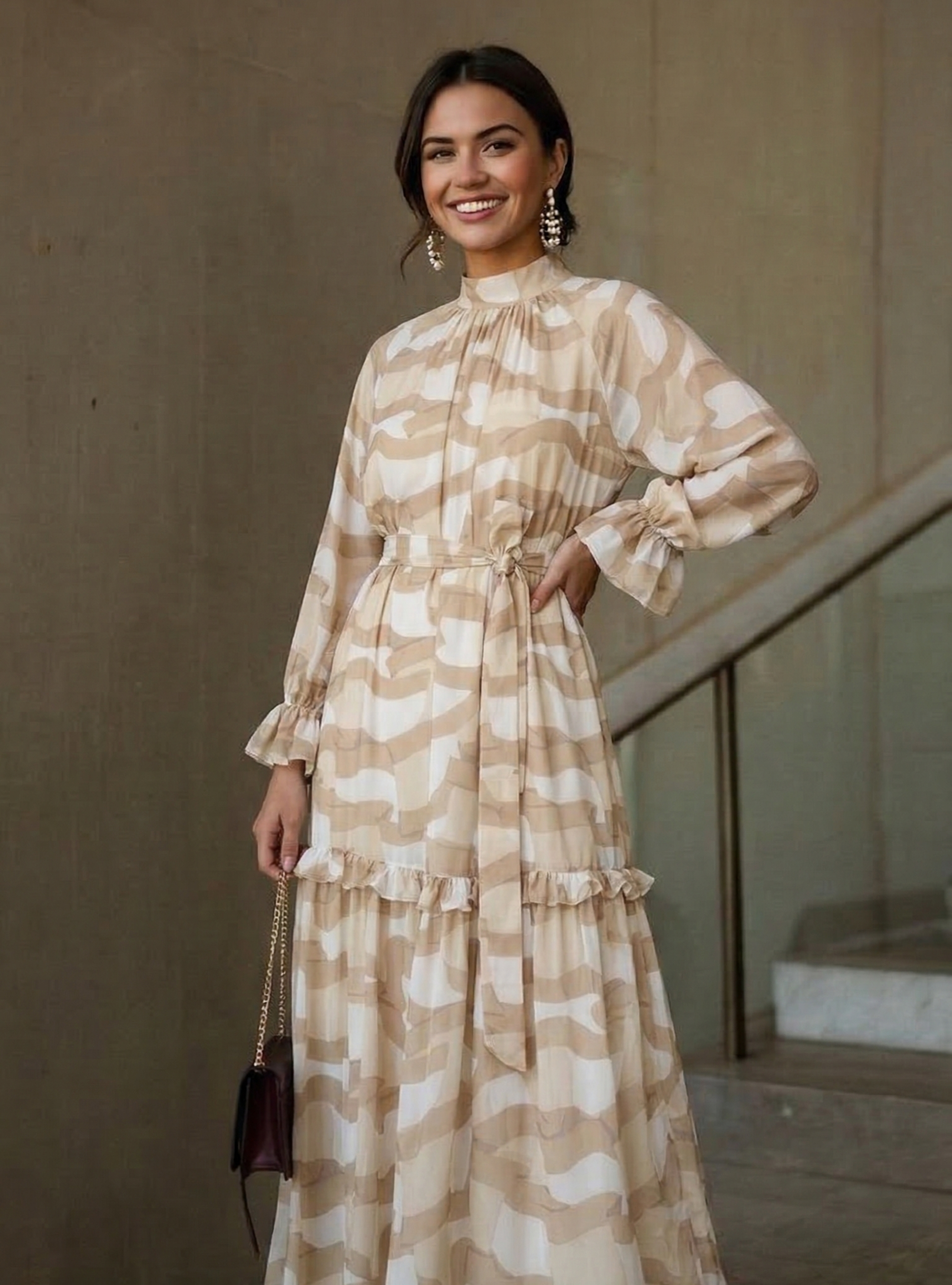 Cream Beige Printed Maxi Dress - Store WF