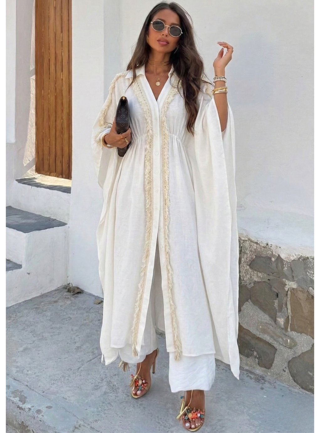 100% Washed Linen Cotton Tassel Shirt Kaftan Dress - Store WF