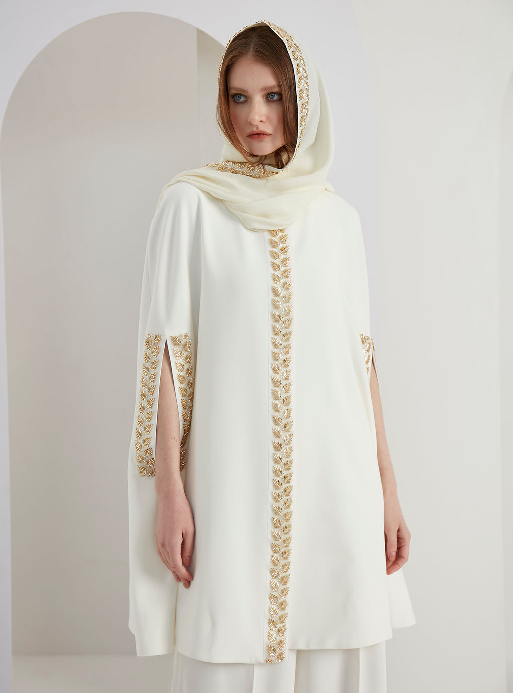 White Embellished Cape With Embellished Scarf Set - Store WF