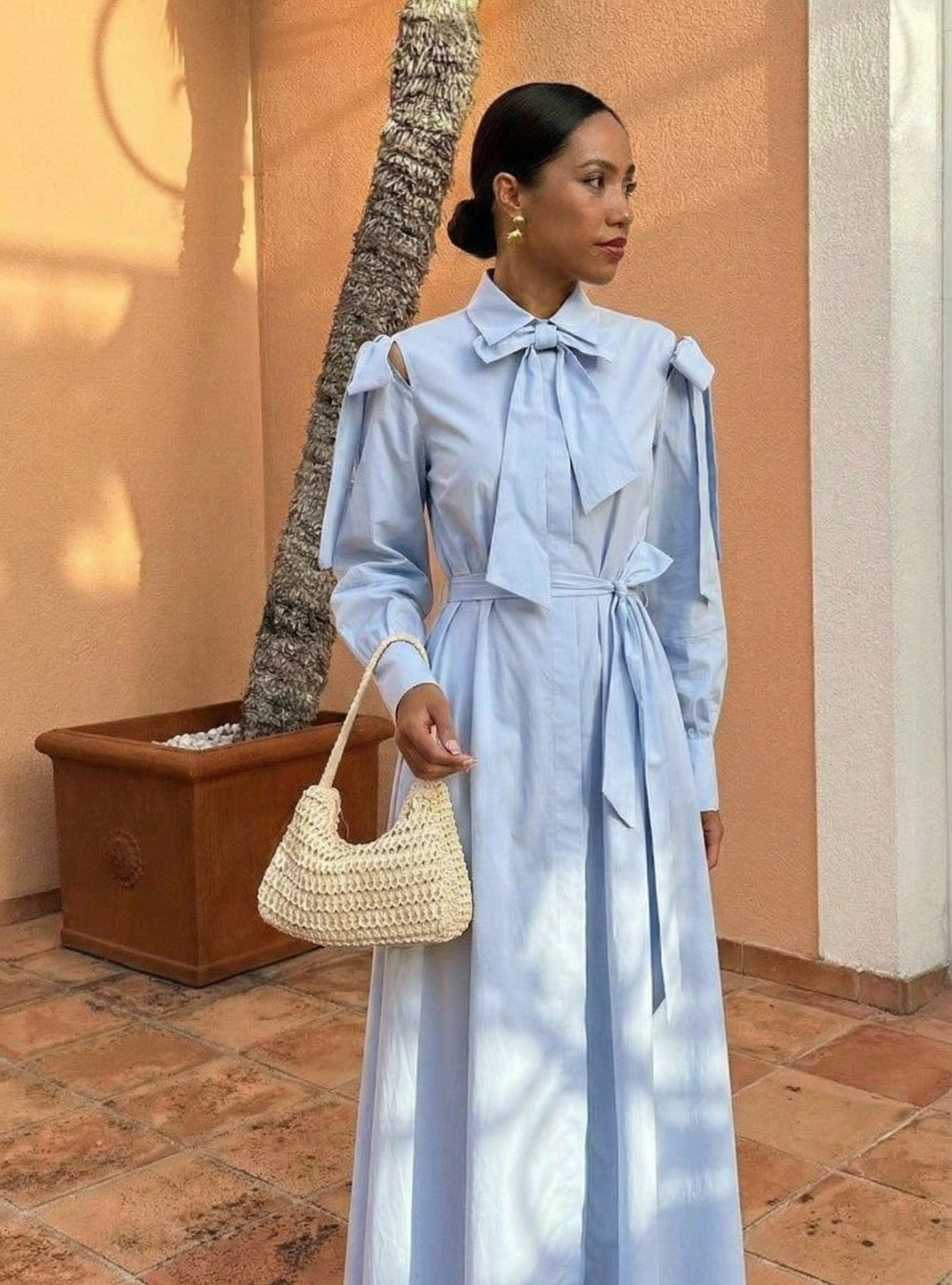 Bow Detailed Blue Poplin Cotton Maxi Dress - Store WF