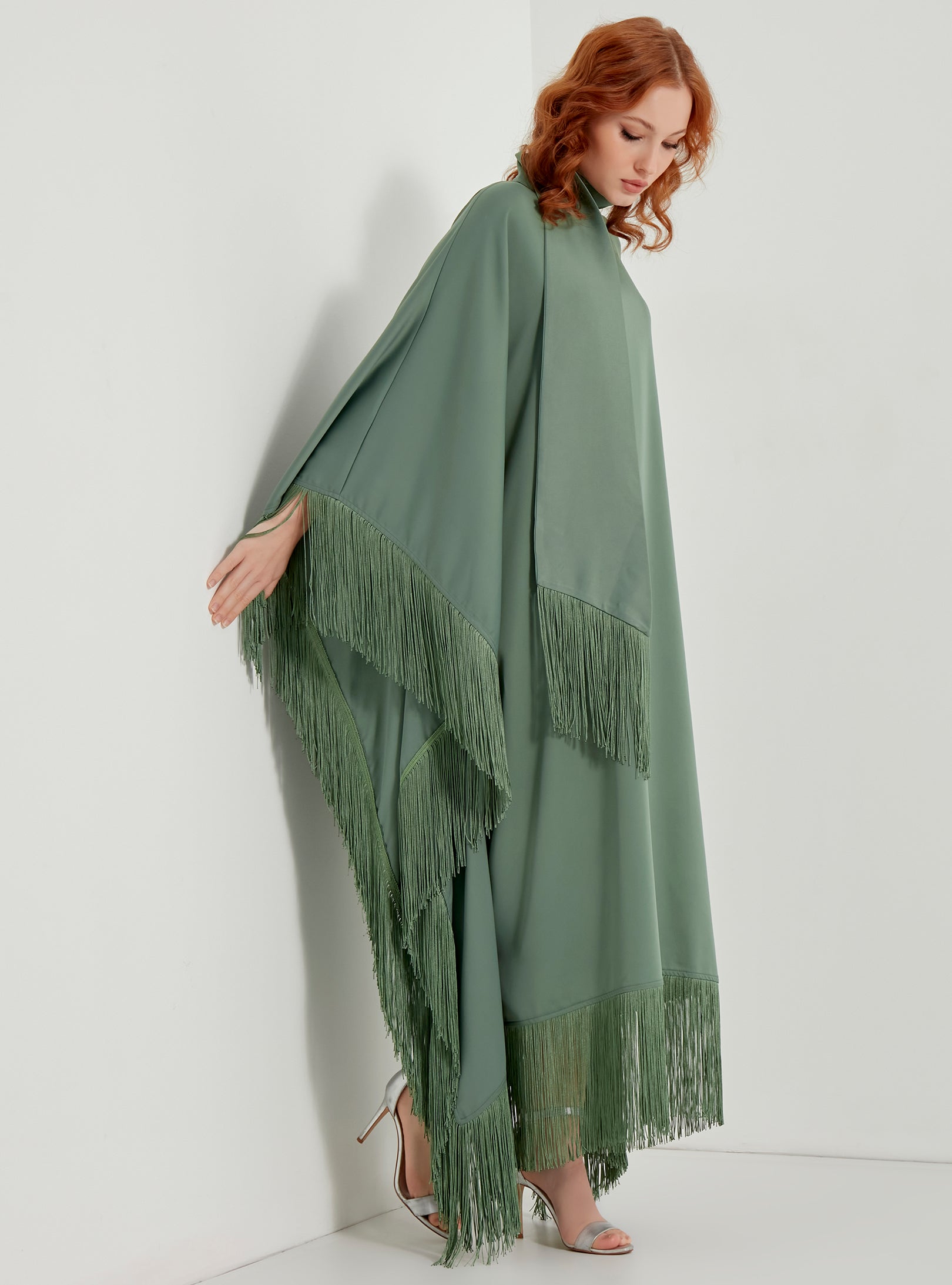 Mint Fringed Kaftan Dress With Tie Neck Detailed - Store WF