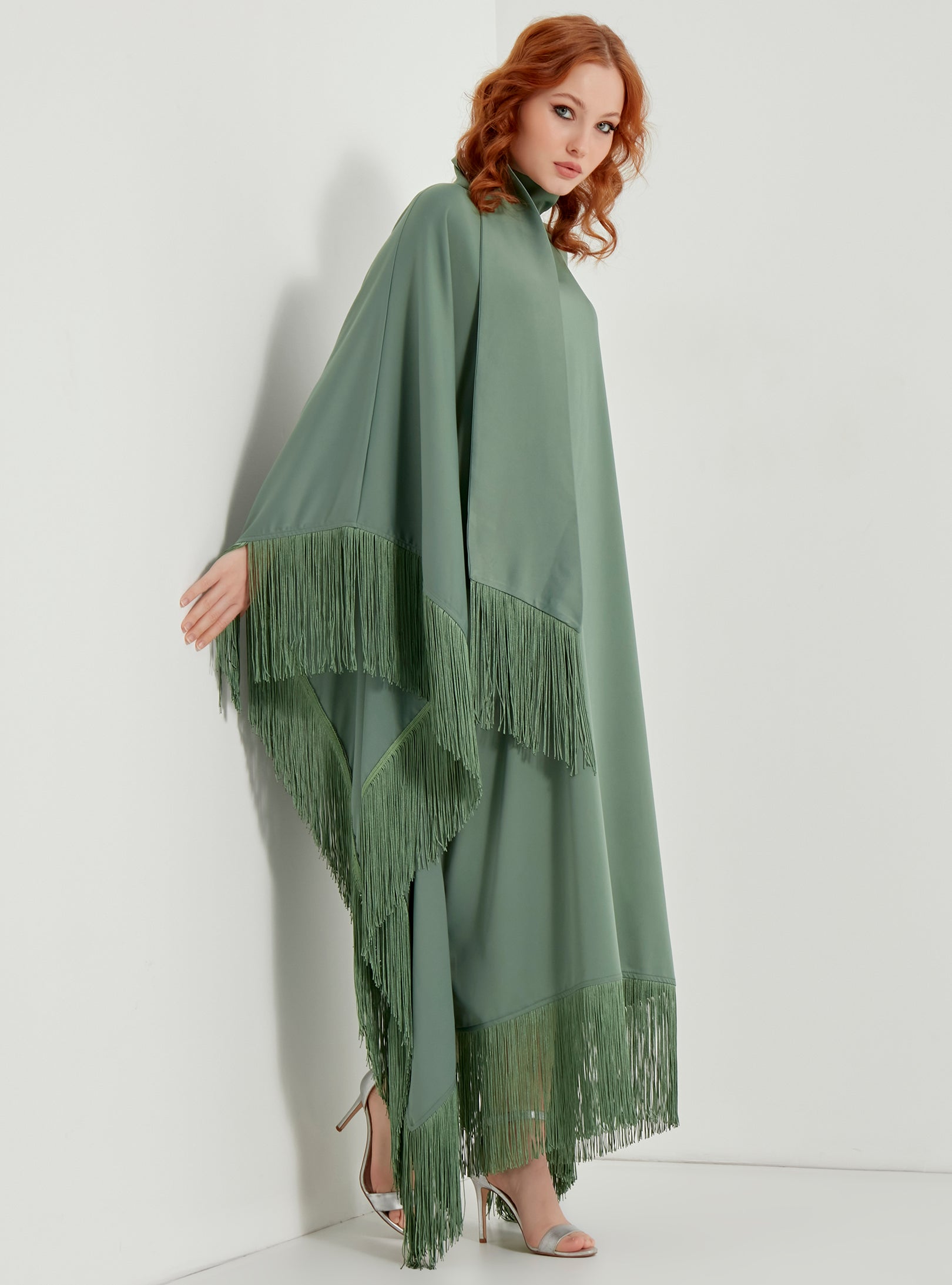 Mint Fringed Kaftan Dress With Tie Neck Detailed - Store WF