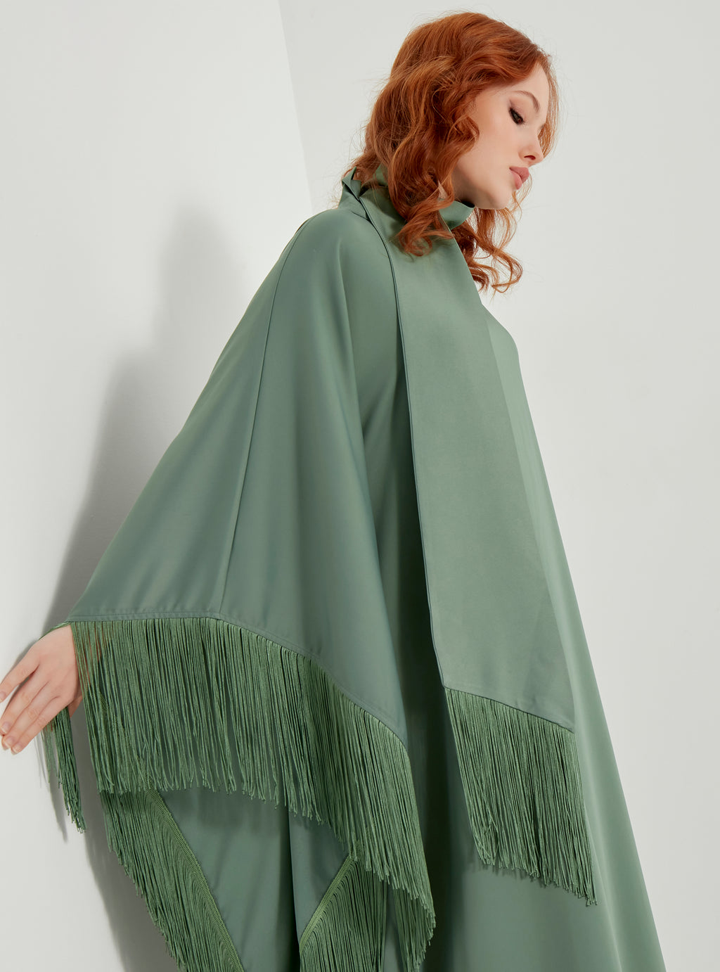 Mint Fringed Kaftan Dress With Tie Neck Detailed - Store WF