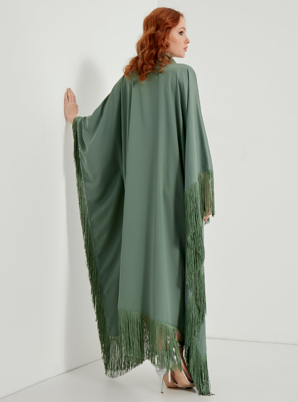 Mint Fringed Kaftan Dress With Tie Neck Detailed - Store WF