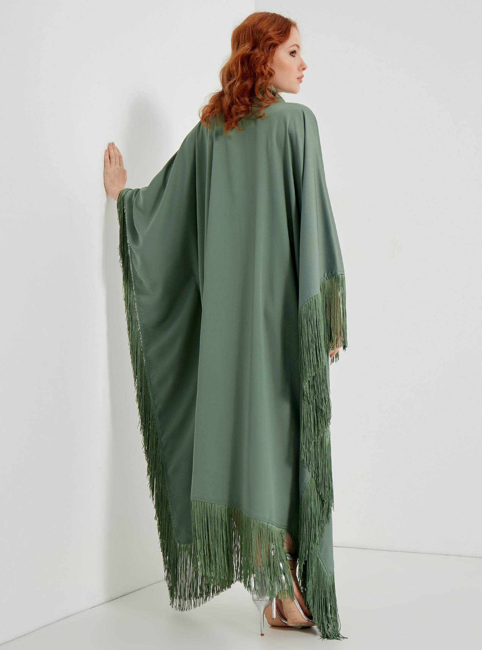 Mint Fringed Kaftan Dress With Tie Neck Detailed - Store WF