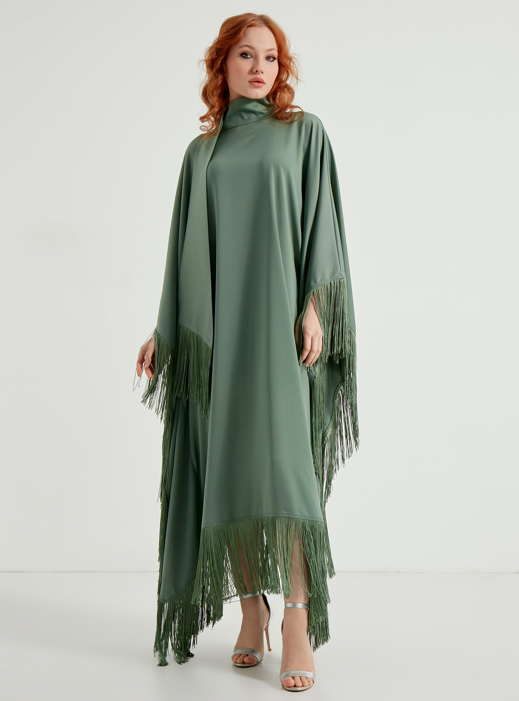 Mint Fringed Kaftan Dress With Tie Neck Detailed - Store WF