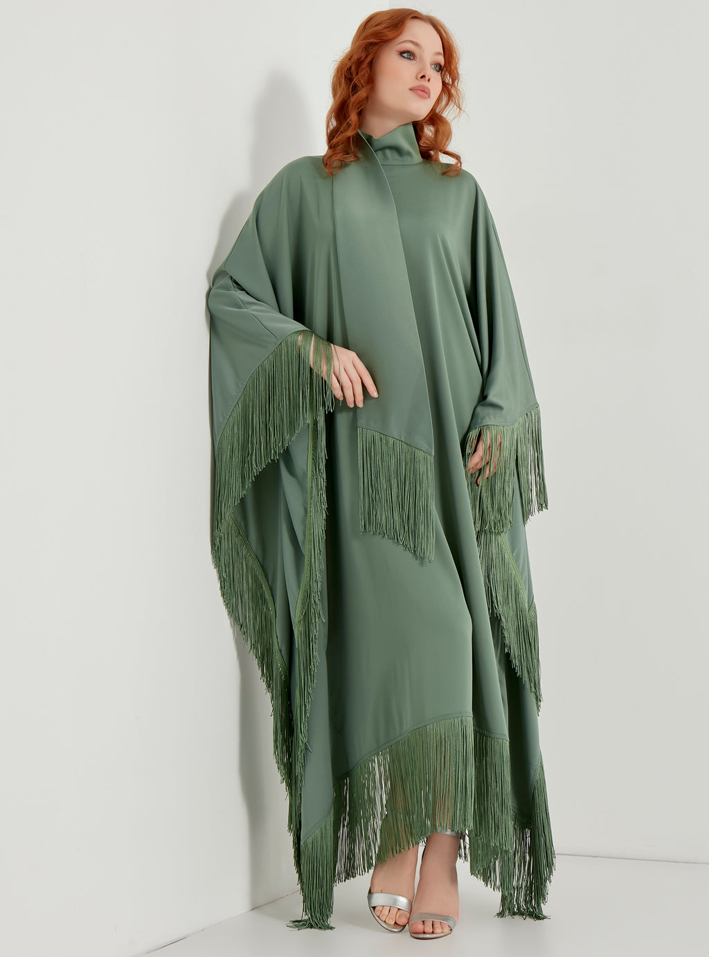 Mint Fringed Kaftan Dress With Tie Neck Detailed - Store WF